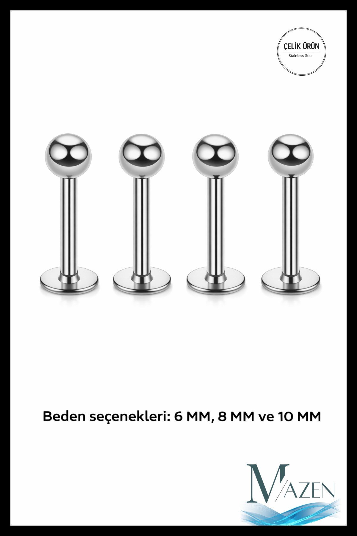 316l Cerrahi Çelik 4'lü Set Tek Top Gümüş Renk Tragus, Helix, Dudak Piercing