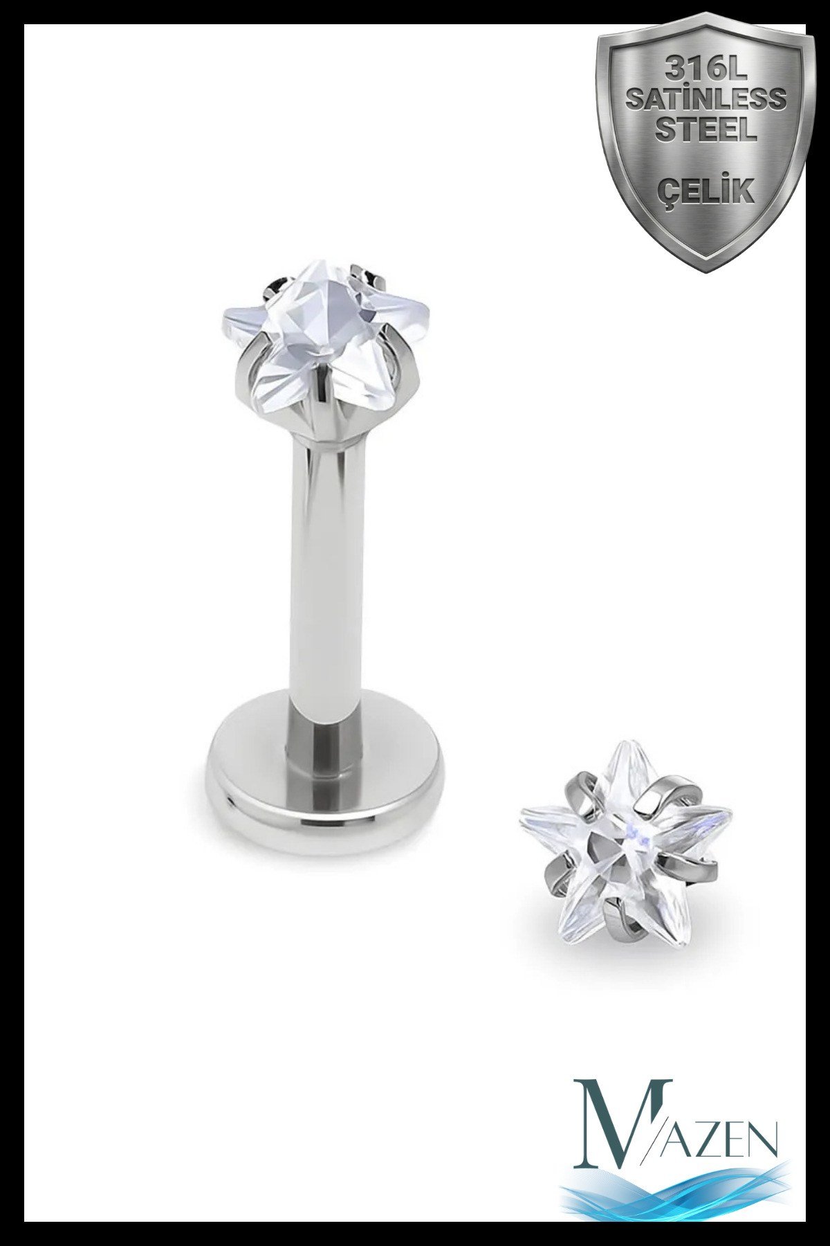 316l Paslanmaz Kararmaz Çelik Zirkon Taşlı 8mm bar Tragus Helix Kıkırdak Yıldız Model Piercing