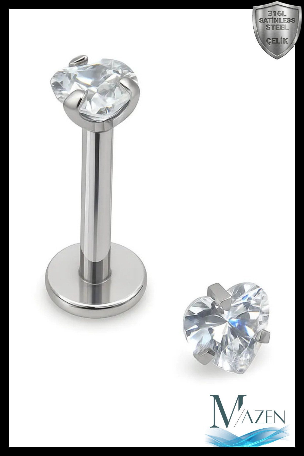 316l Paslanmaz Kararmaz Cerrahi Çelik Zirkon Taşlı 8mm Bar Tragus Helix Kıkırdak Kalp Model Piercing