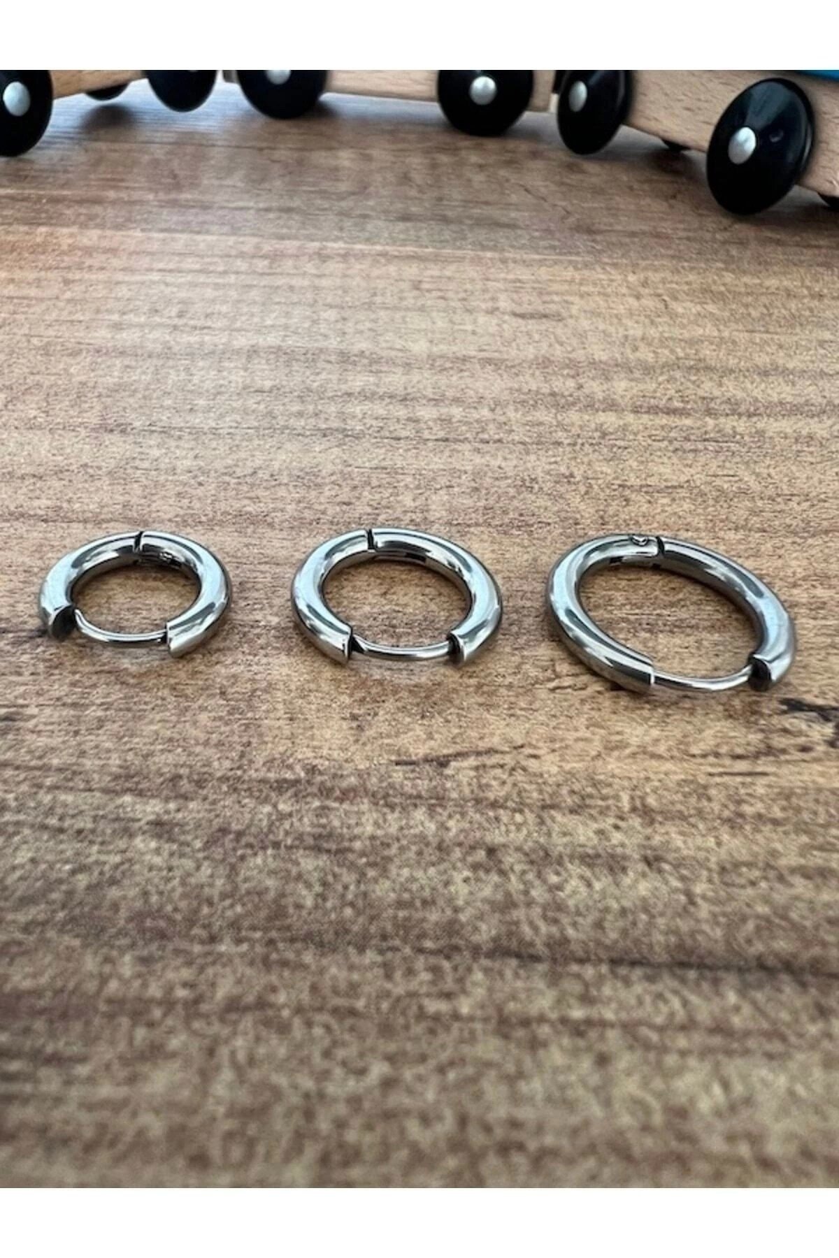 316l Paslanmaz Kararmaz Cerrahi Çelik Unisex Üçlü Halka Küpe (10MM 12MM 14MM) (GÜMÜŞ RENK)