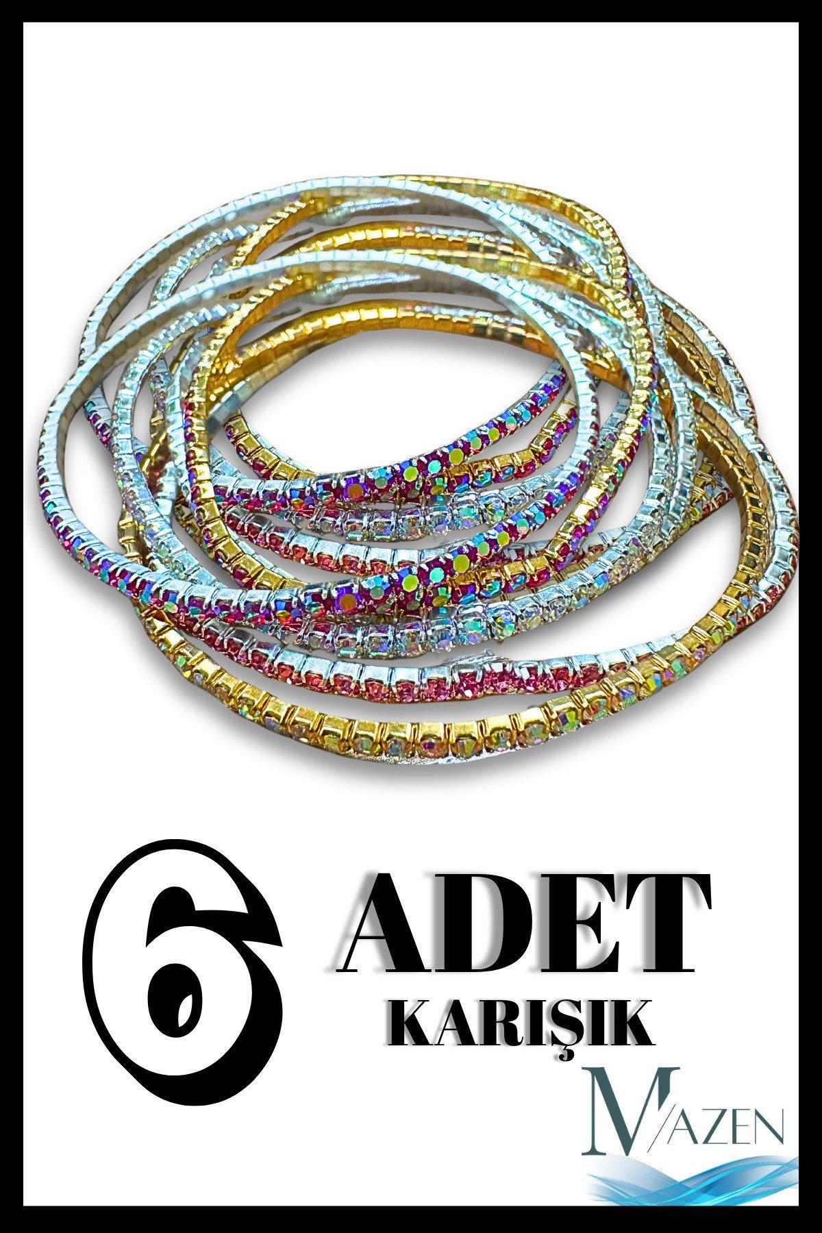 6 Adet Karışık Lastikli Suyolu Bileklik Zirkon Taşlı