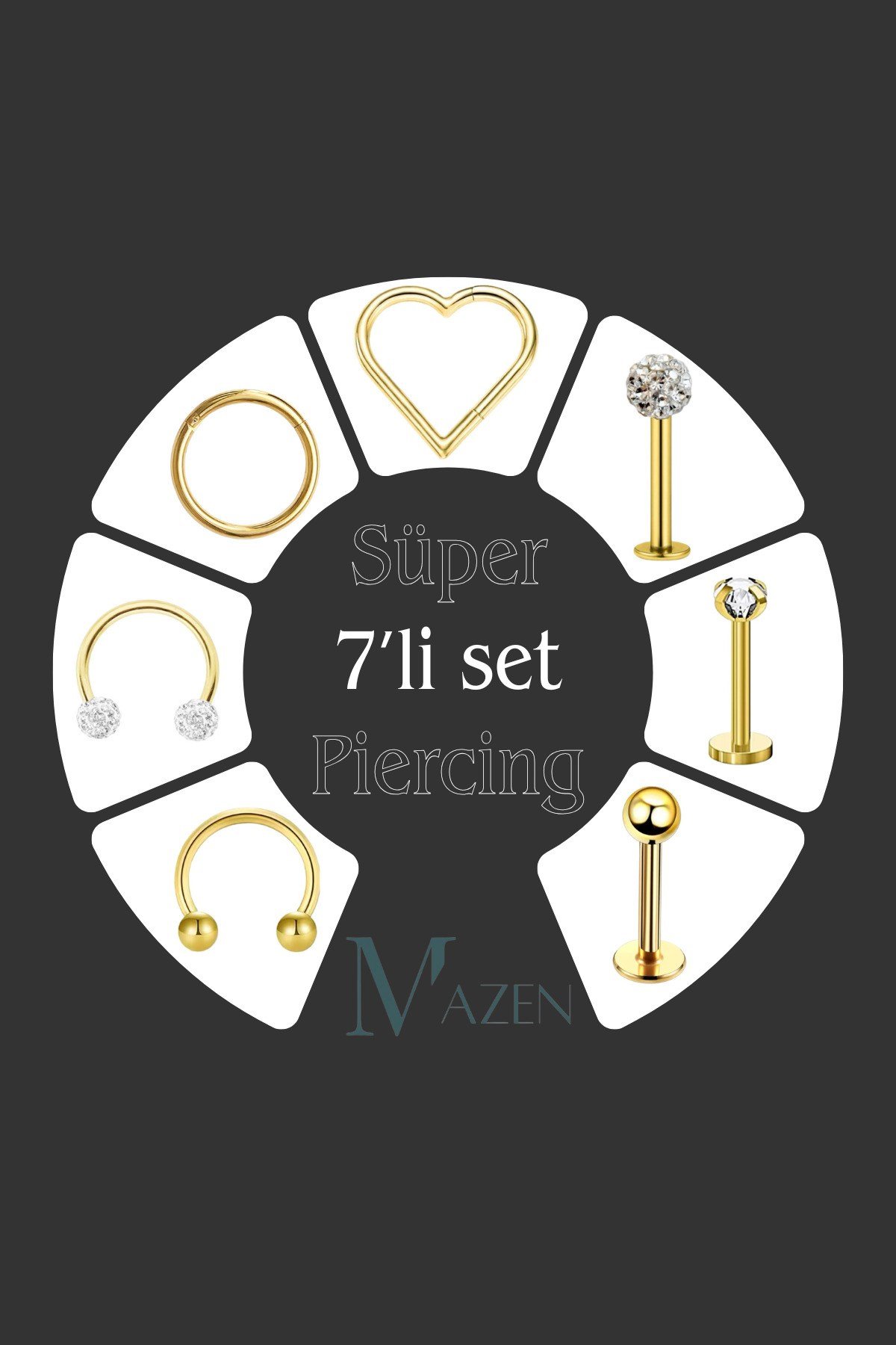 7 Farklı Model Cerrahi Çelik Set Piercing 8 mm