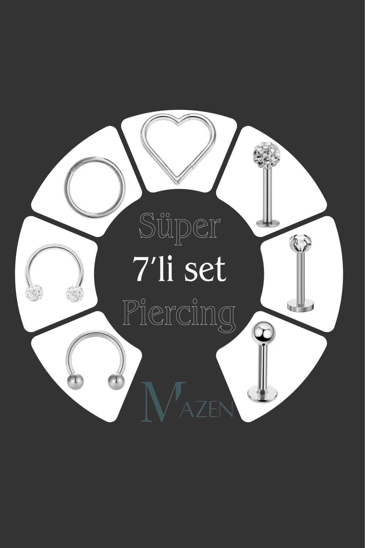 7 Farklı Model Cerrahi Çelik Set Piercing 8 mm