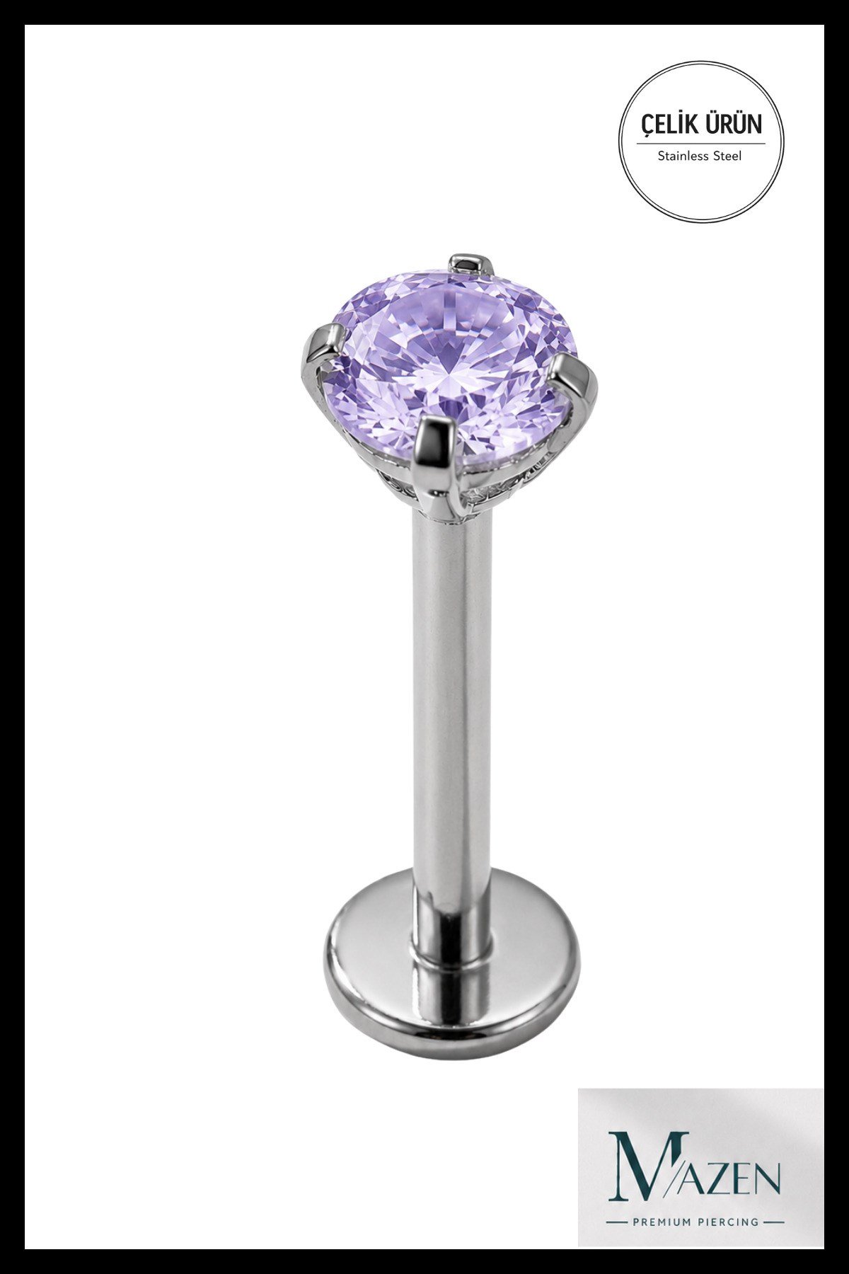 8 mm Bar Uzunluğu 3 mm Taşlı Cerrahi Çelik Piercing Tragus Helix Labret Gümüş Renk