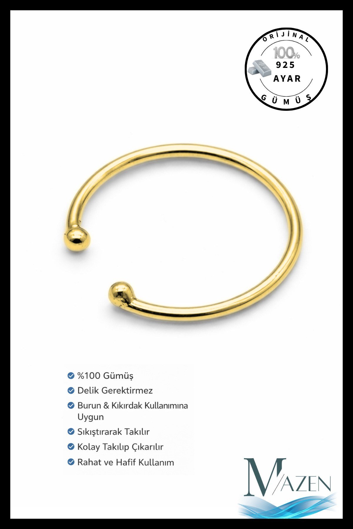 925 Ayar Gümüş Halka Deliksiz Sıkıştırmalı Kıstırmalı Fake Hızma Gold Renk