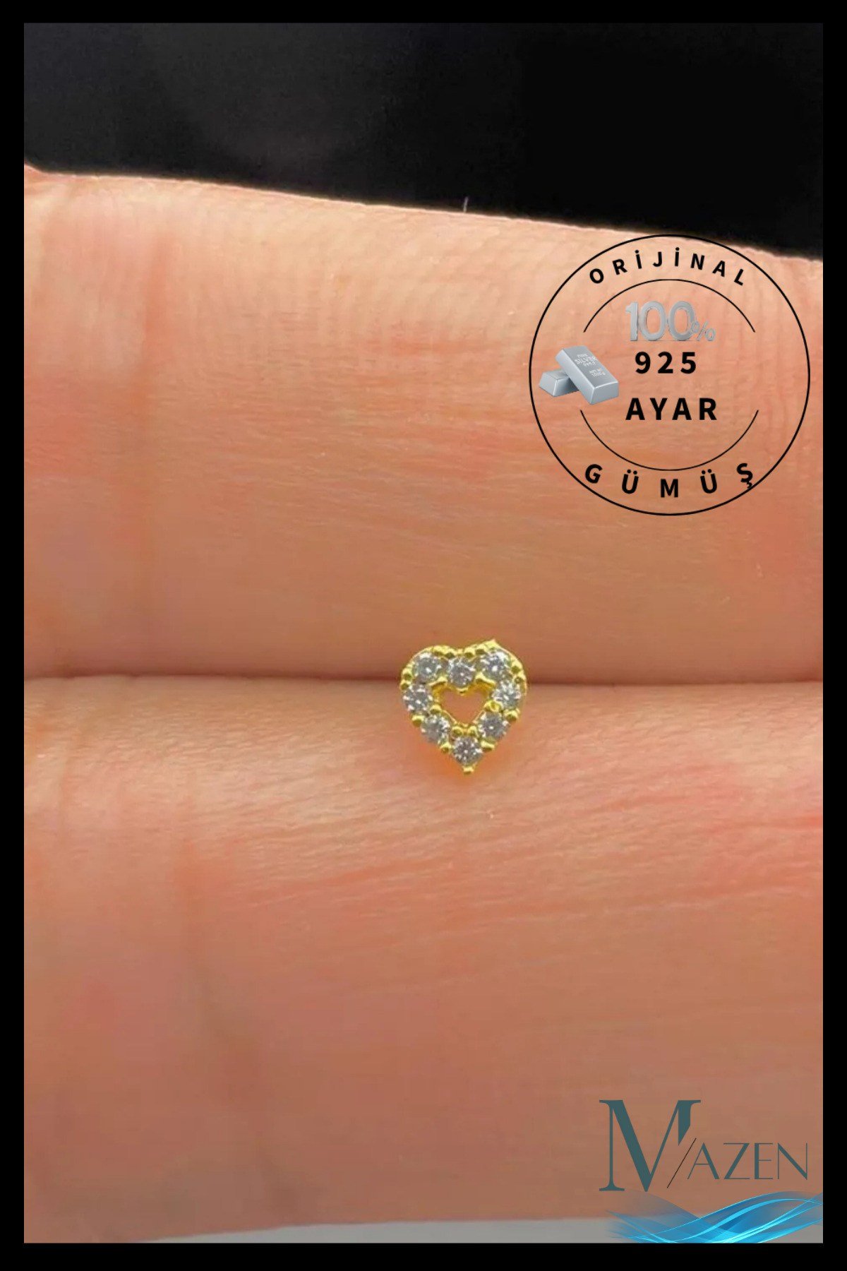 925 Ayar Gümüş Hızma. Gri, Zirkon Taşlı Kalp Model Sarı Renk