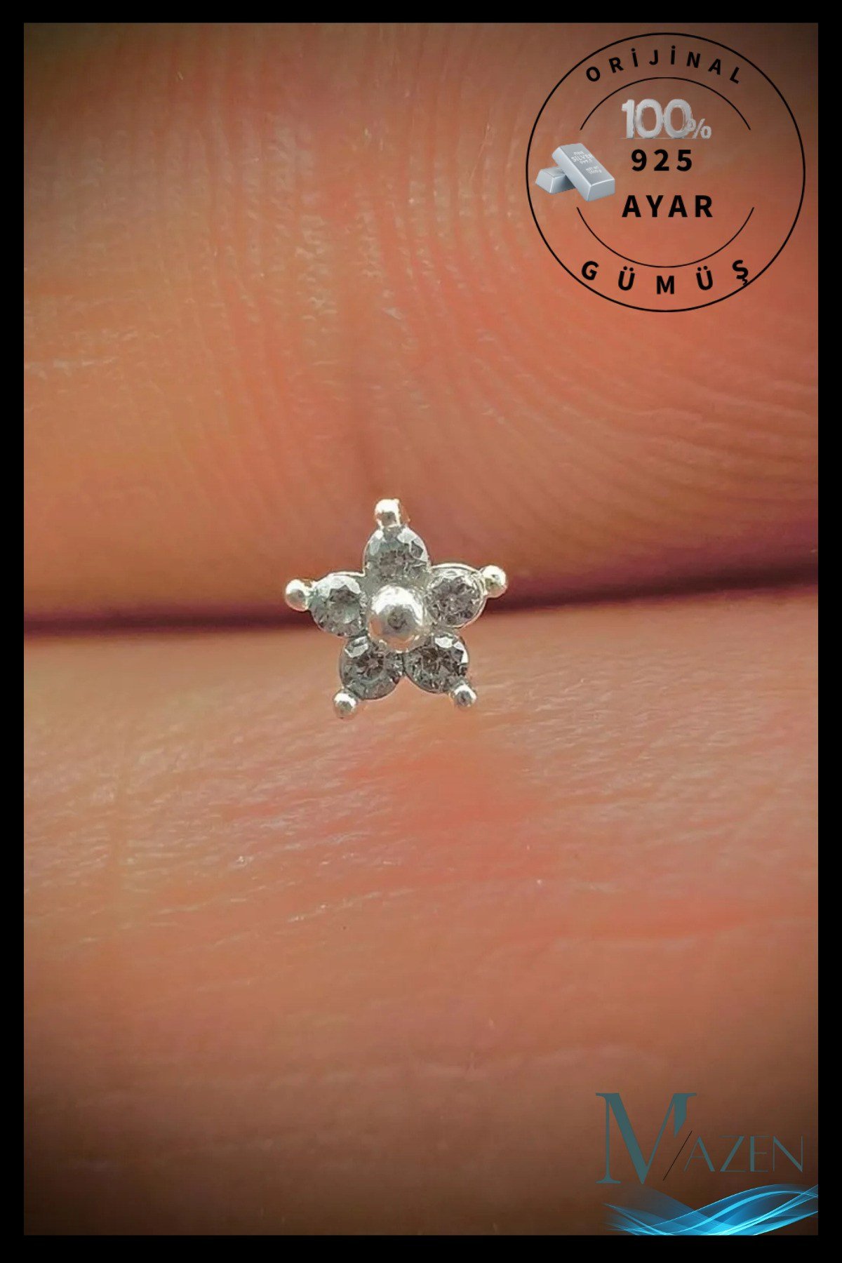 925 Ayar Gümüş Hızma. Gri, Zirkon Taşlı Yıldız Model