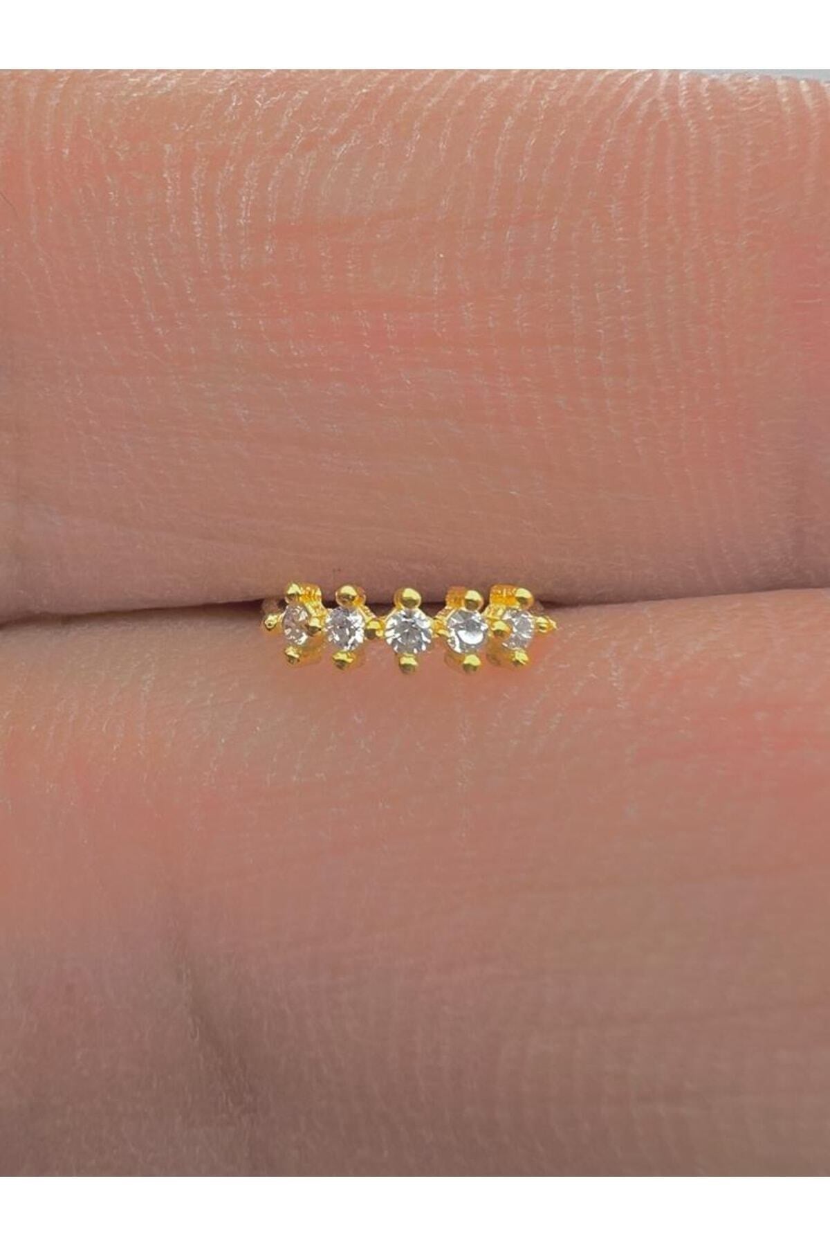 925 Ayar Gümüş Hızma. Beş Taşlı Halka Zirkon Gold Renk
