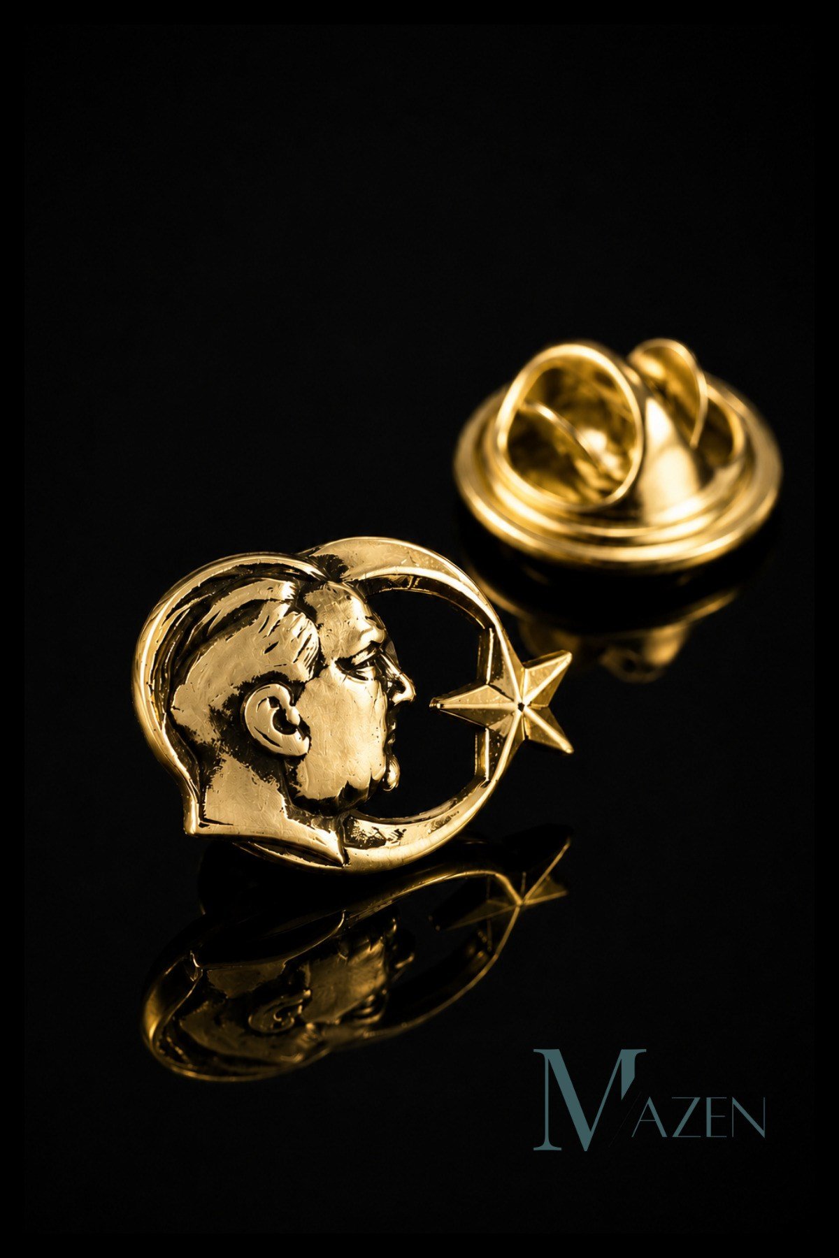 Atatürk Ay Yıldız Figürlü Metal Yaka Rozeti Gold Renk