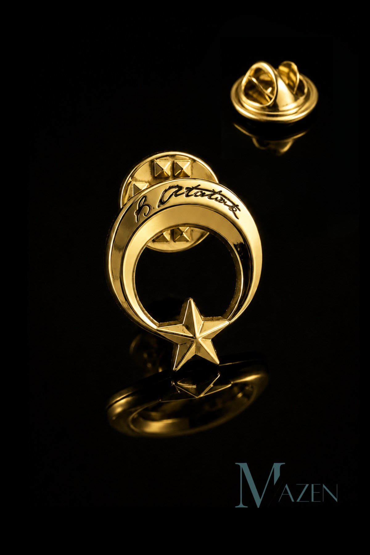 Atatürk İmzalı Ay Yıldız Metal Yaka Rozeti Gold Renk