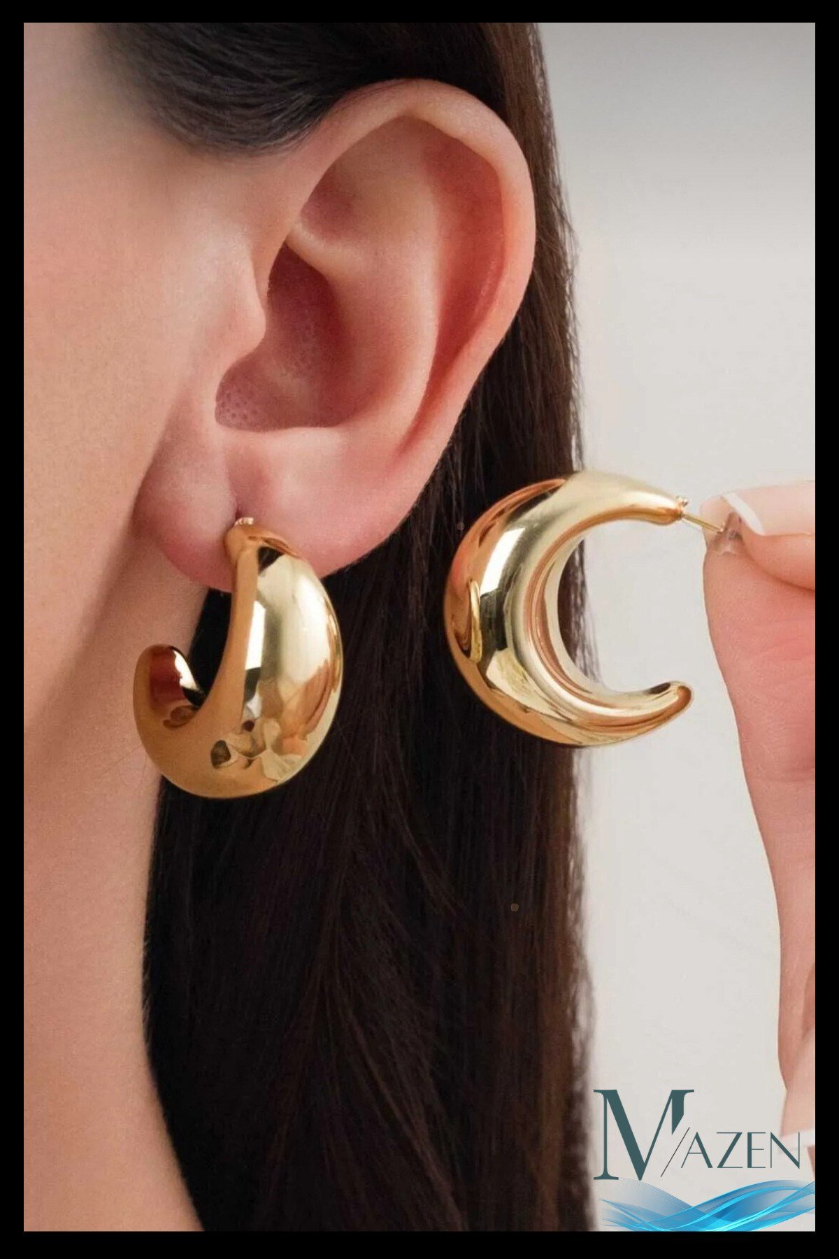 Ay Şeklinde Kalın Gold Küpe | Hilal Model | Kadın Şık Aksesuar | Modern Takı