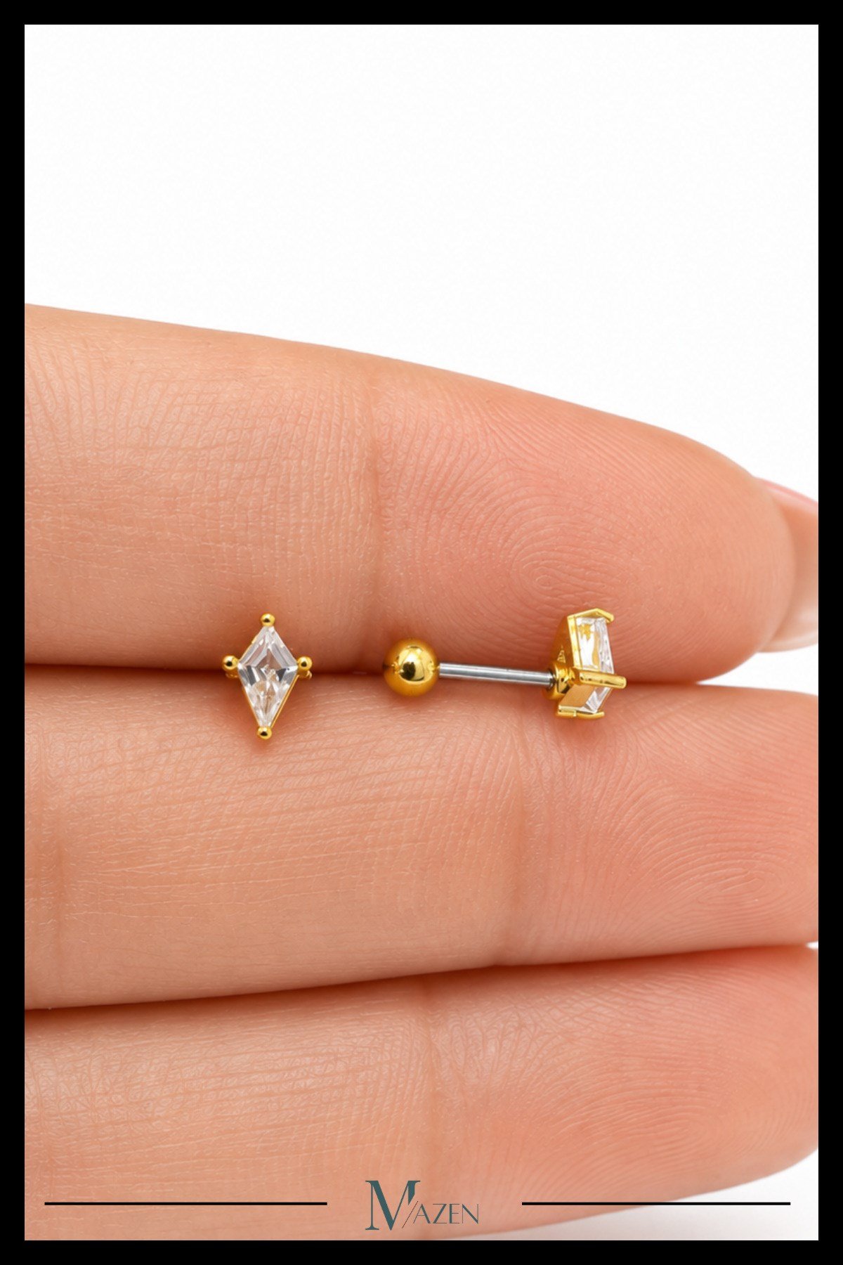 Baklava Kesim Taş Tragus Piercing Çelik Gold Renk Minimal Zirkon Taşlı