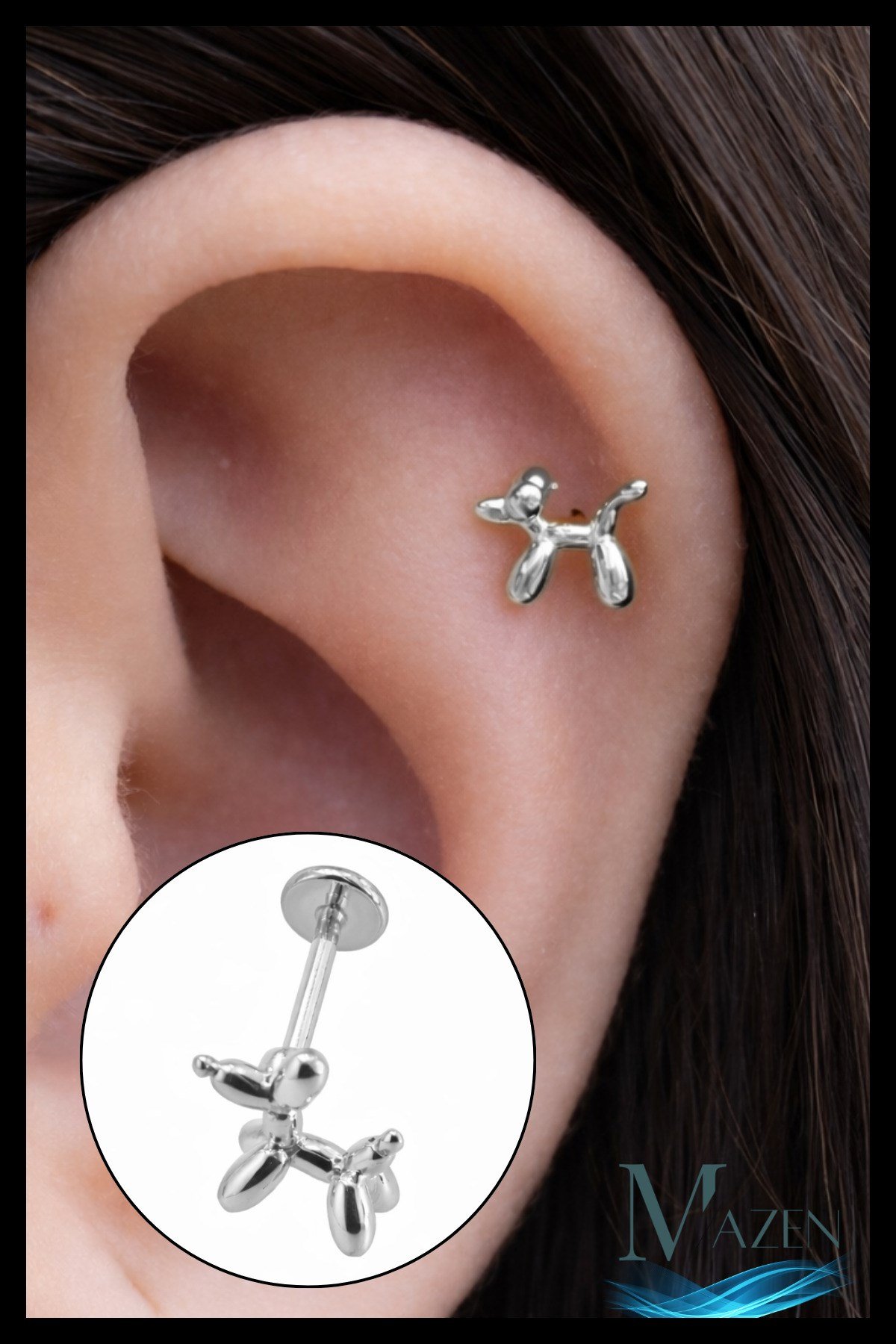 Balon Köpek Figürlü Helix Tragus Piercing | Gümüş Renk | 316L Çelik | Minimal Tasarım