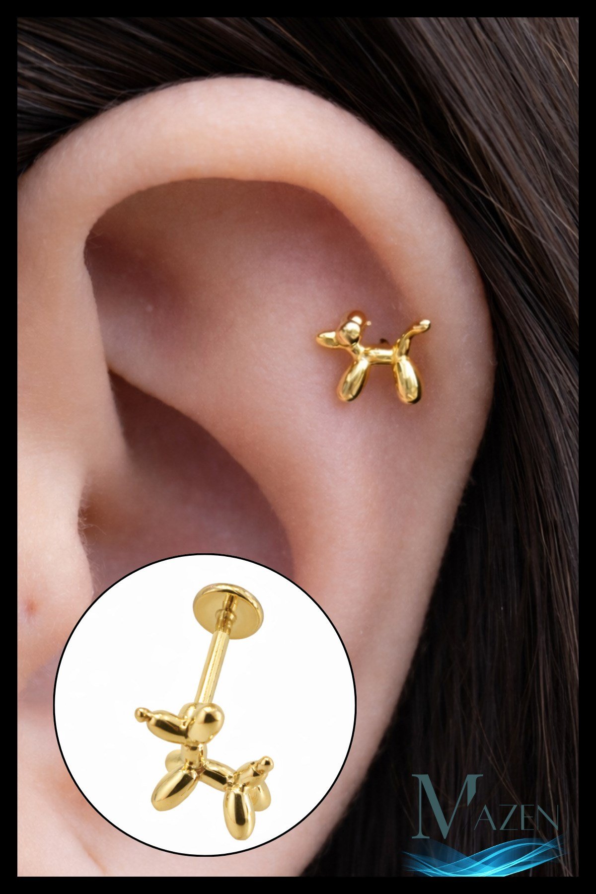 Balon Köpek Figürlü Helix Tragus Piercing | Gold Renk | 316L Çelik | Minimal Tasarım