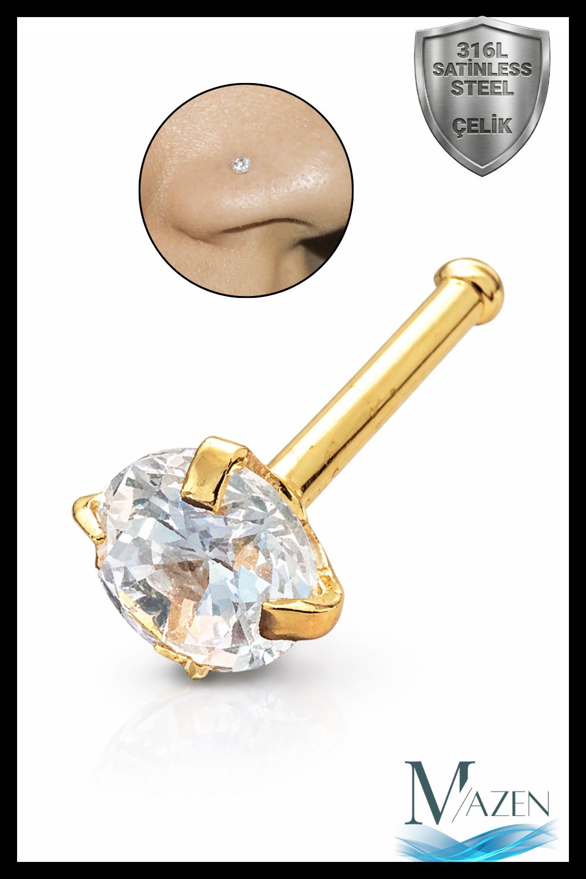 Cerrahi 316l Çelik Hızma Zirkon Taşlı Gold Renk