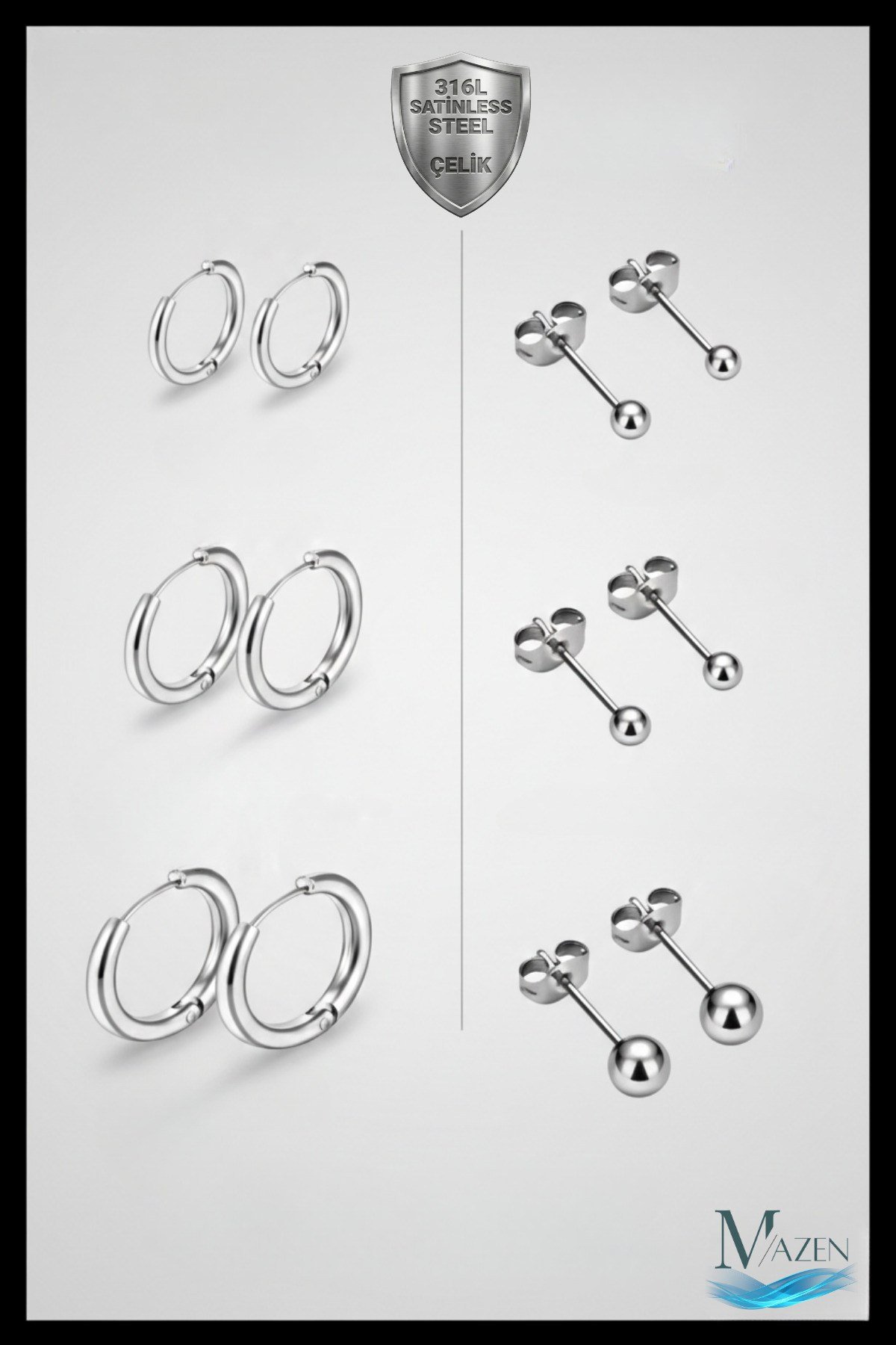 Cerrahi Çelik 3 Çift Halka 3 çift Top Küpe (8mm, 10mm, 12mm)