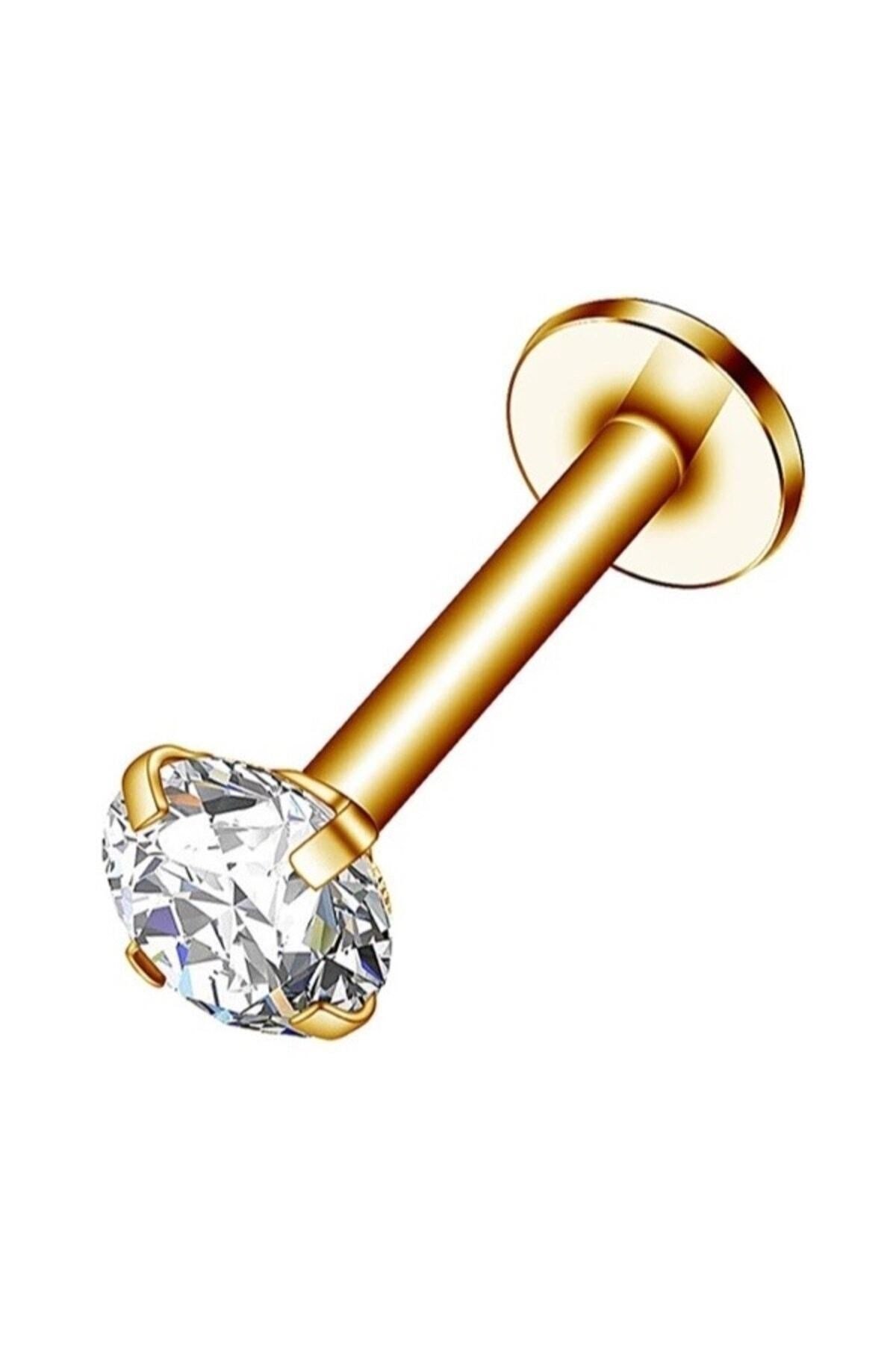 Cerrahi Çelik (5 mm Taşlı) Tragus Helix Dudak Kıkırdak Piercing Küpe Gold Renk (Beden seçiniz)