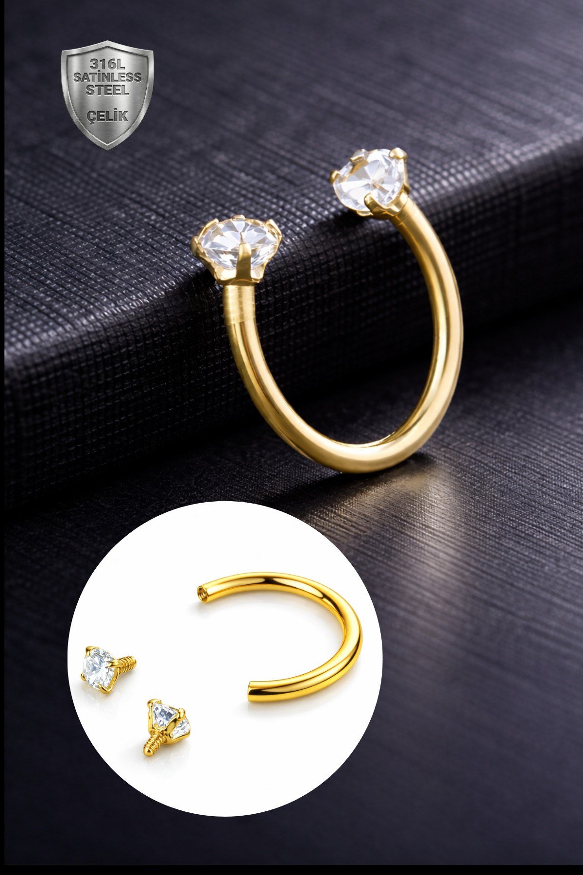 Cerrahi Çelik Taşlı Gold Piercing Kıkırdak Septum Helix Tragus 8mm