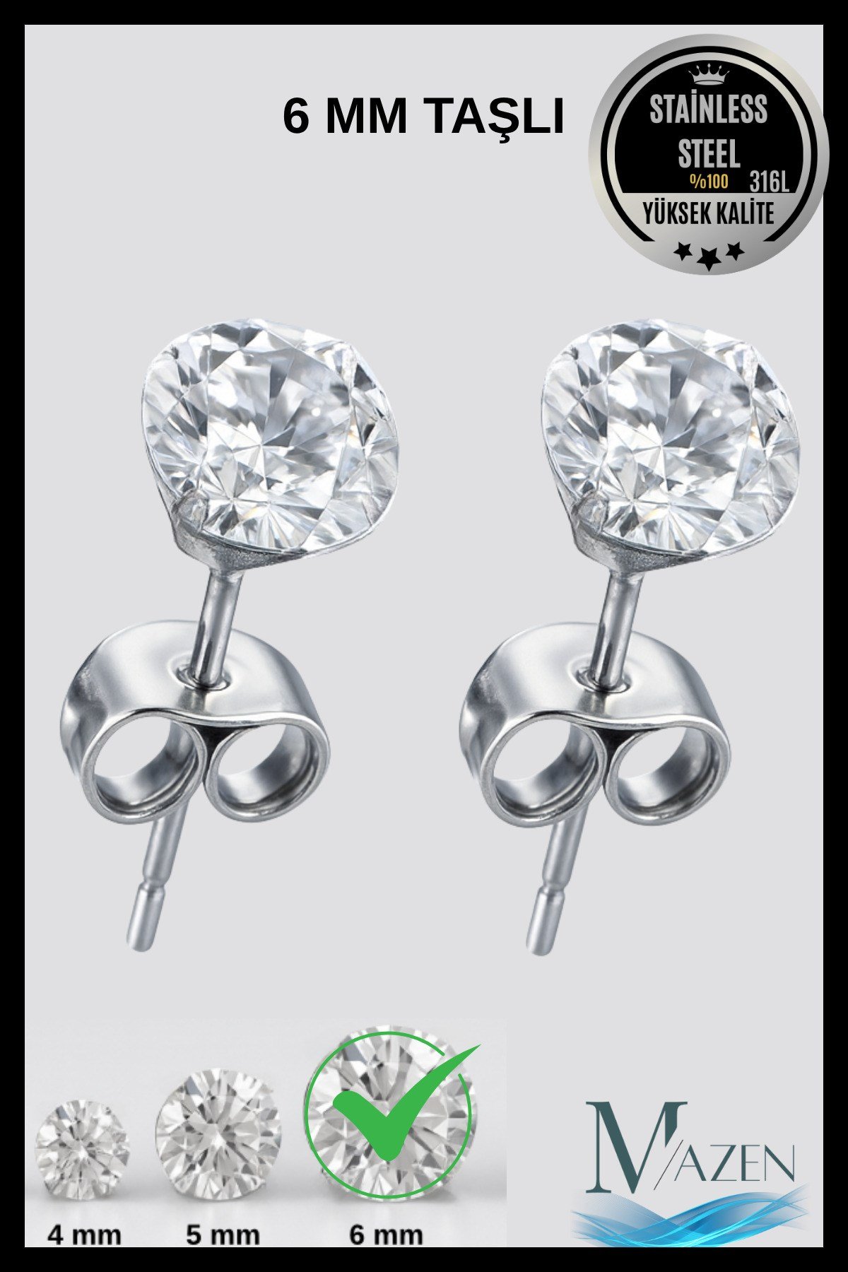 Cerrahi Çelik Tek Taş Kadın Erkek Küpe | Yassı Model | 6 mm Taşlı | 316L ÇELİK