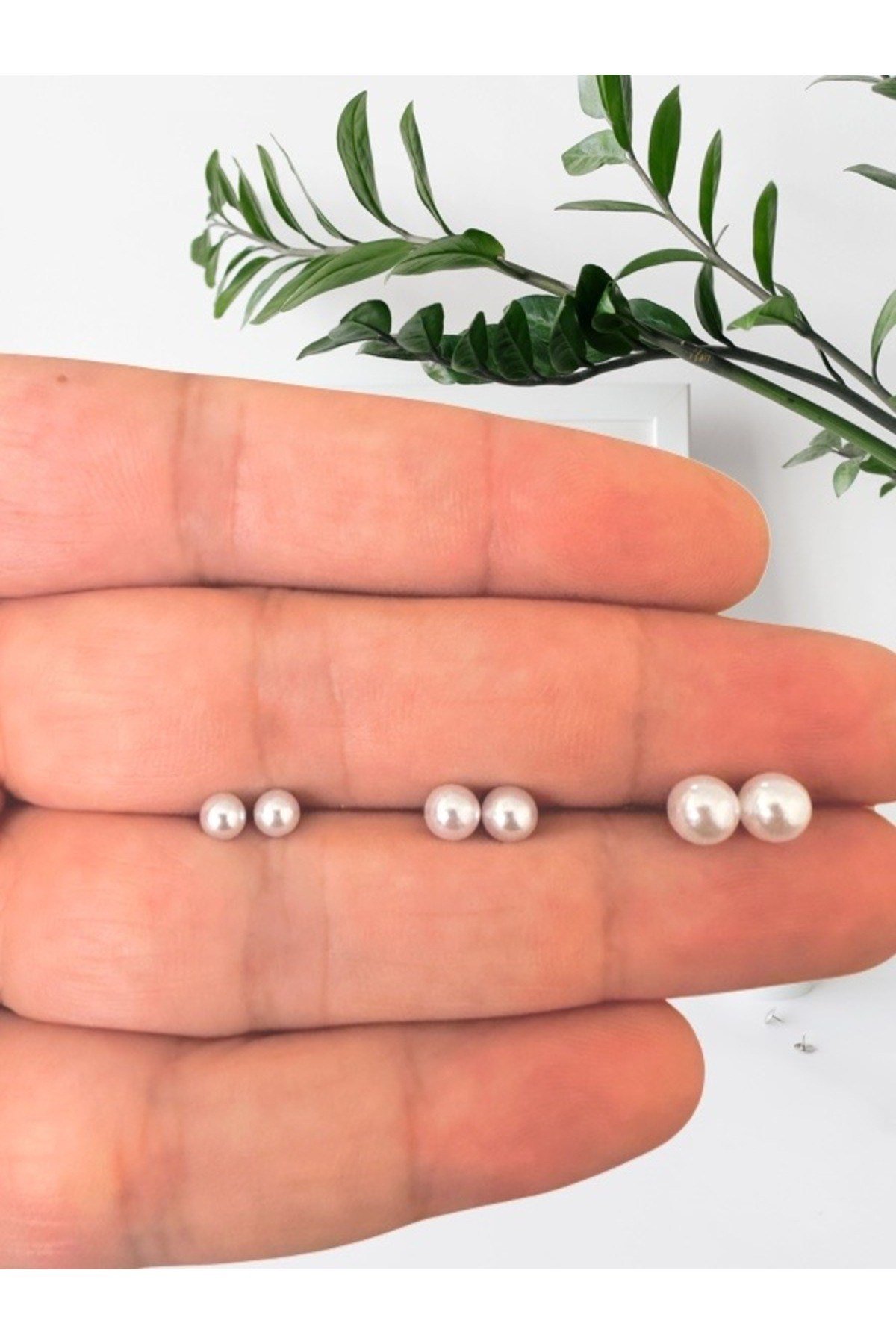 Cerrahi Çelik Üç Çift İncili Top Küpe (Üç Farklı Boy 3mm, 4mm, 5mm)