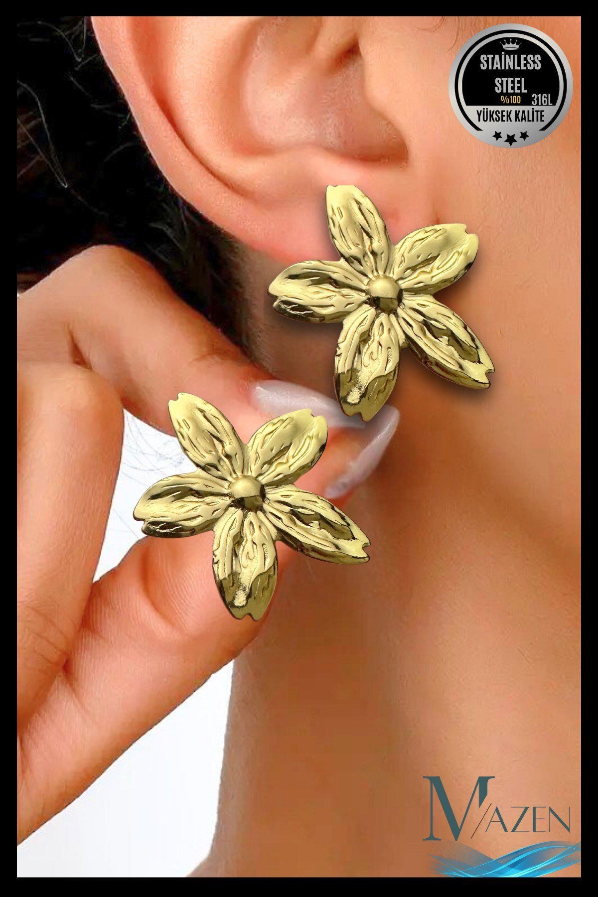 Çiçek Dokulu Küpe | 316L Paslanmaz Çelik | Kadın Takı Aksesuar (3,5 cm) Gold renk