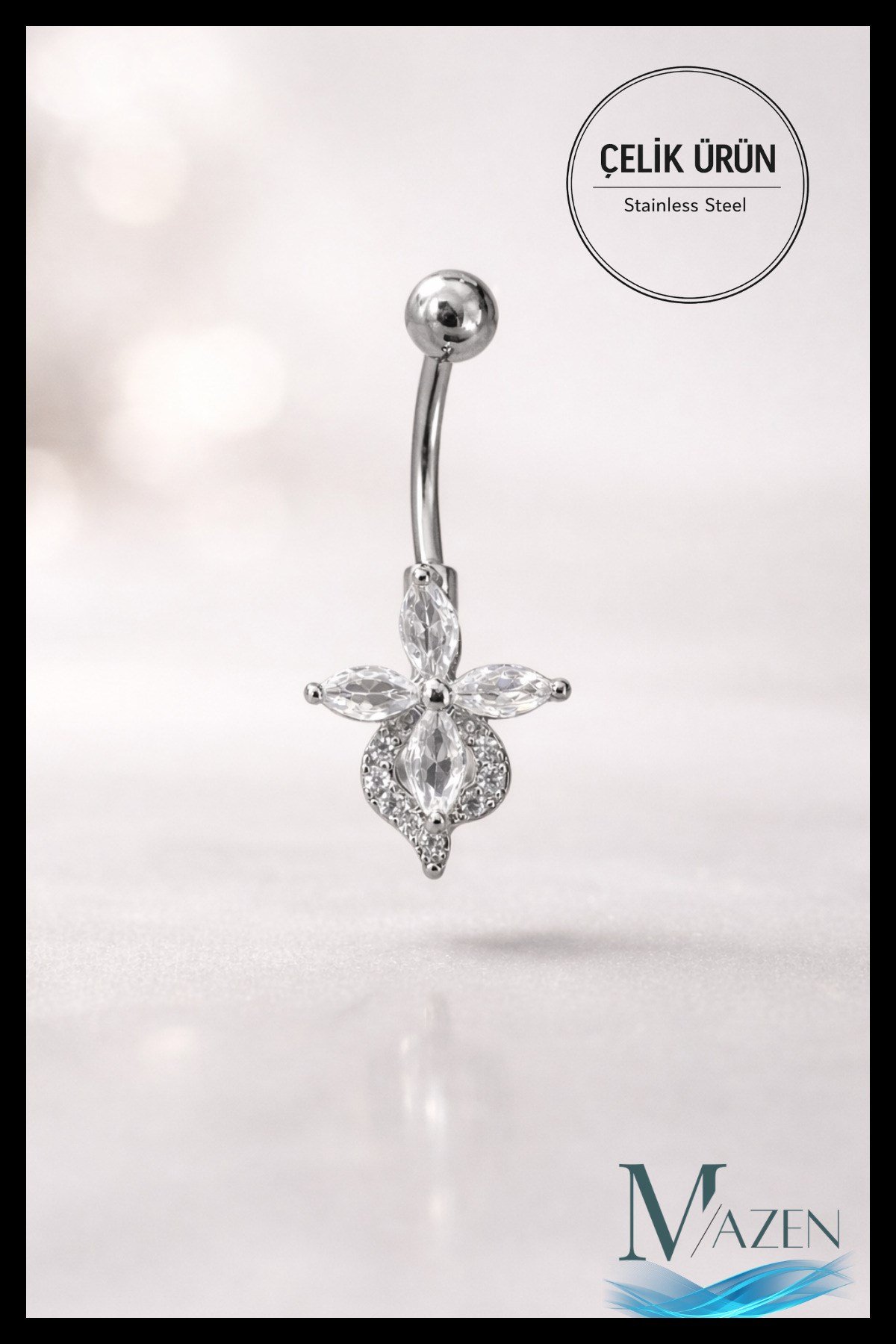 Çiçek Model Göbek Piercing | 316L Çelik | Beyaz Taş Detaylı | Kadın Takı Aksesuar | gümüş renk