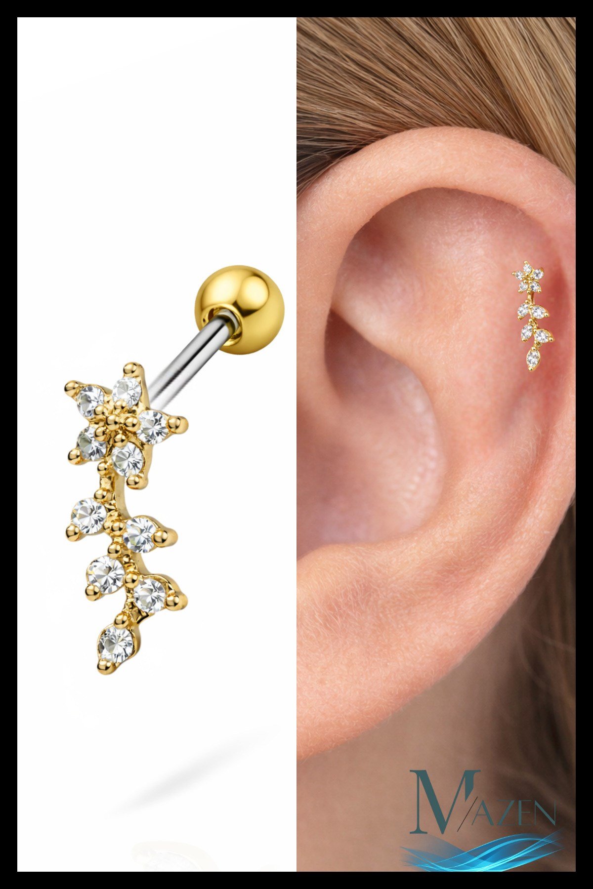 Çiçek Yaprak Zirkon Taşlı Tragus Helix Piercing | Arkası Toplu Model - 1 Adet