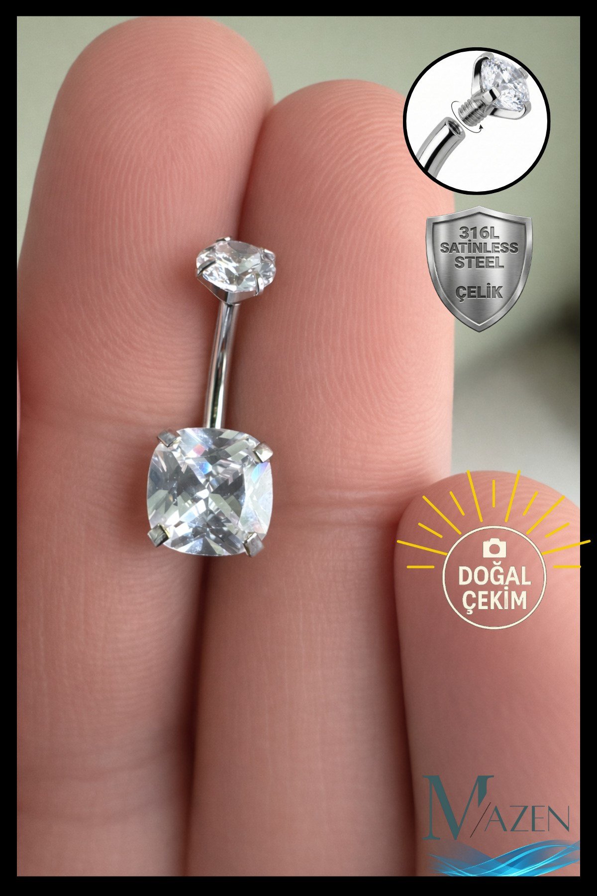 Cushion Kesim Baget Taşlı Göbek Piercing | Gümüş Renk | 316L Çelik | Kararmaz