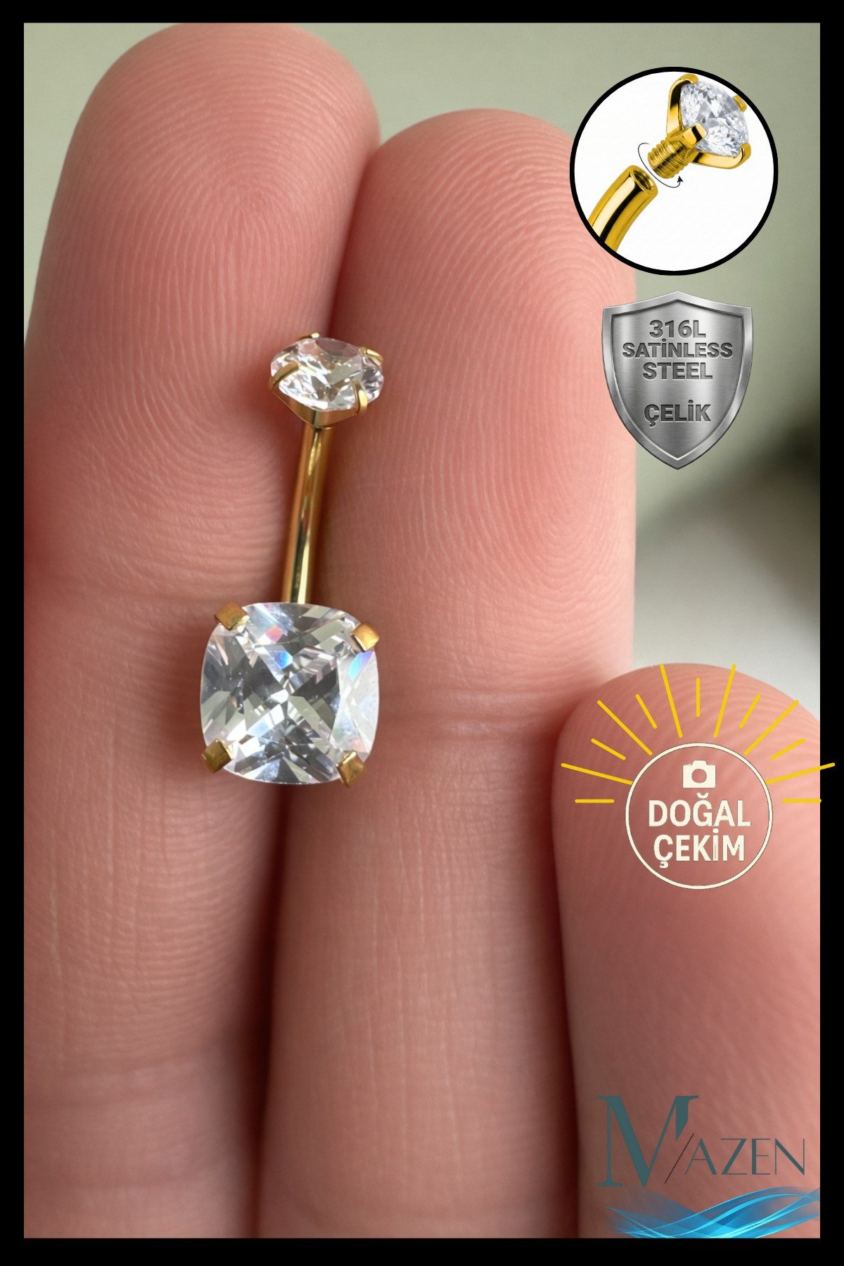 Cushion Kesim Baget Taşlı Göbek Piercing | Gold Renk | 316L Çelik | Kararmaz