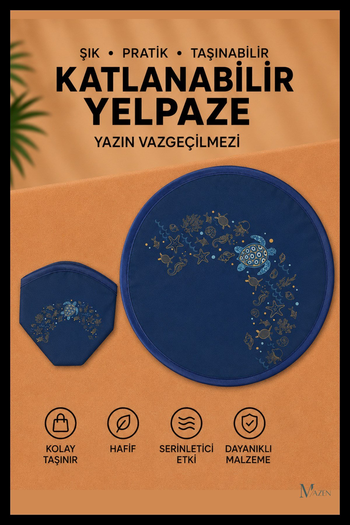 Deniz Kaplumbağası Desen Katlanabilir Yuvarlak Yazlık Taşınabilir El Yelpazesi
