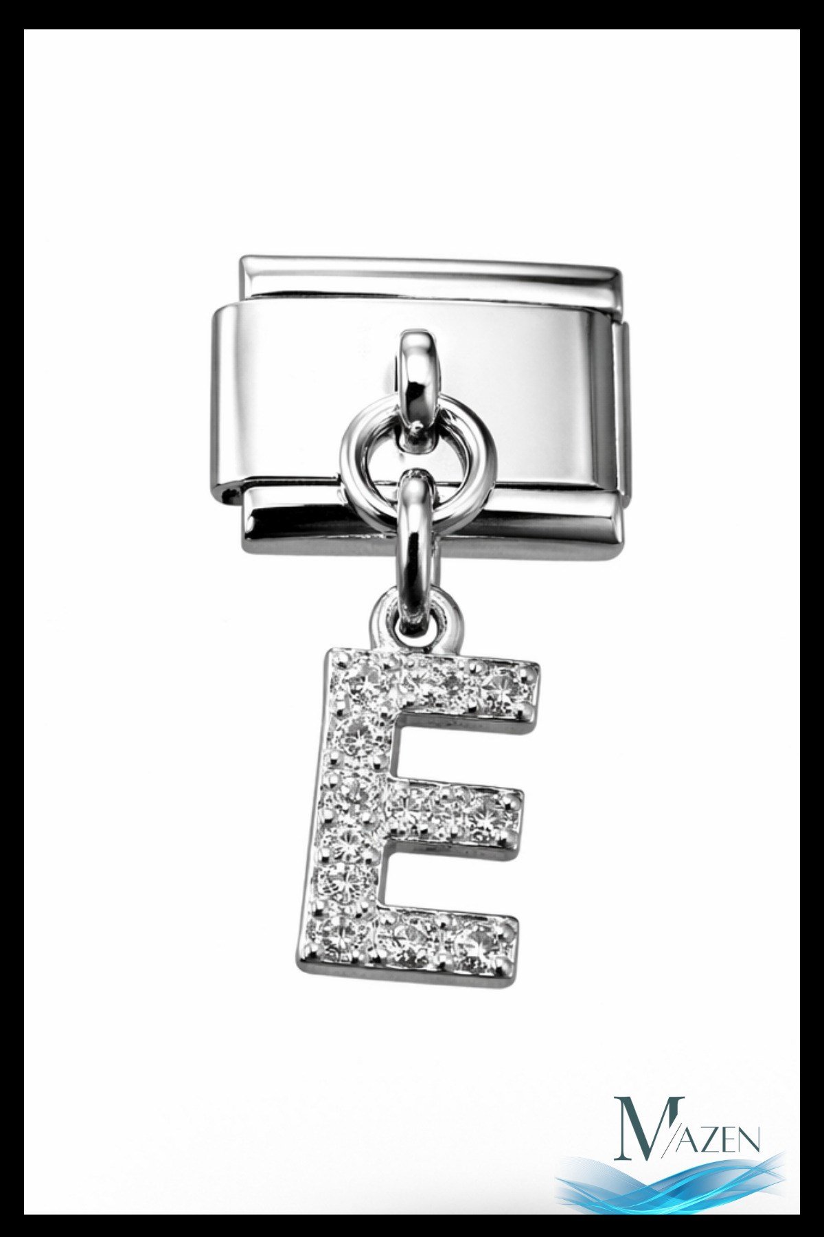 E Harf Zirkon Taşlı İtalyan Charm Bileklik Aparatı | Çelik | Parlak Sallantılı Taşlı Model