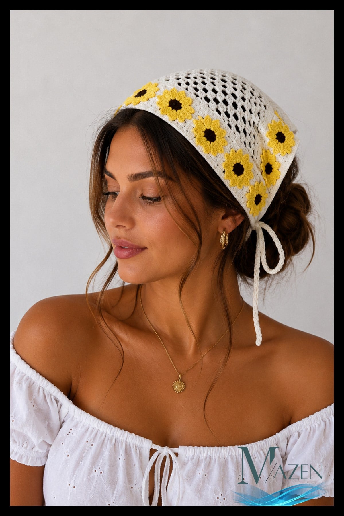 El Örgüsü Papatyalı Bağlamalı Kadın Bandana Bone Bohem Yazlık Saç Aksesuarı