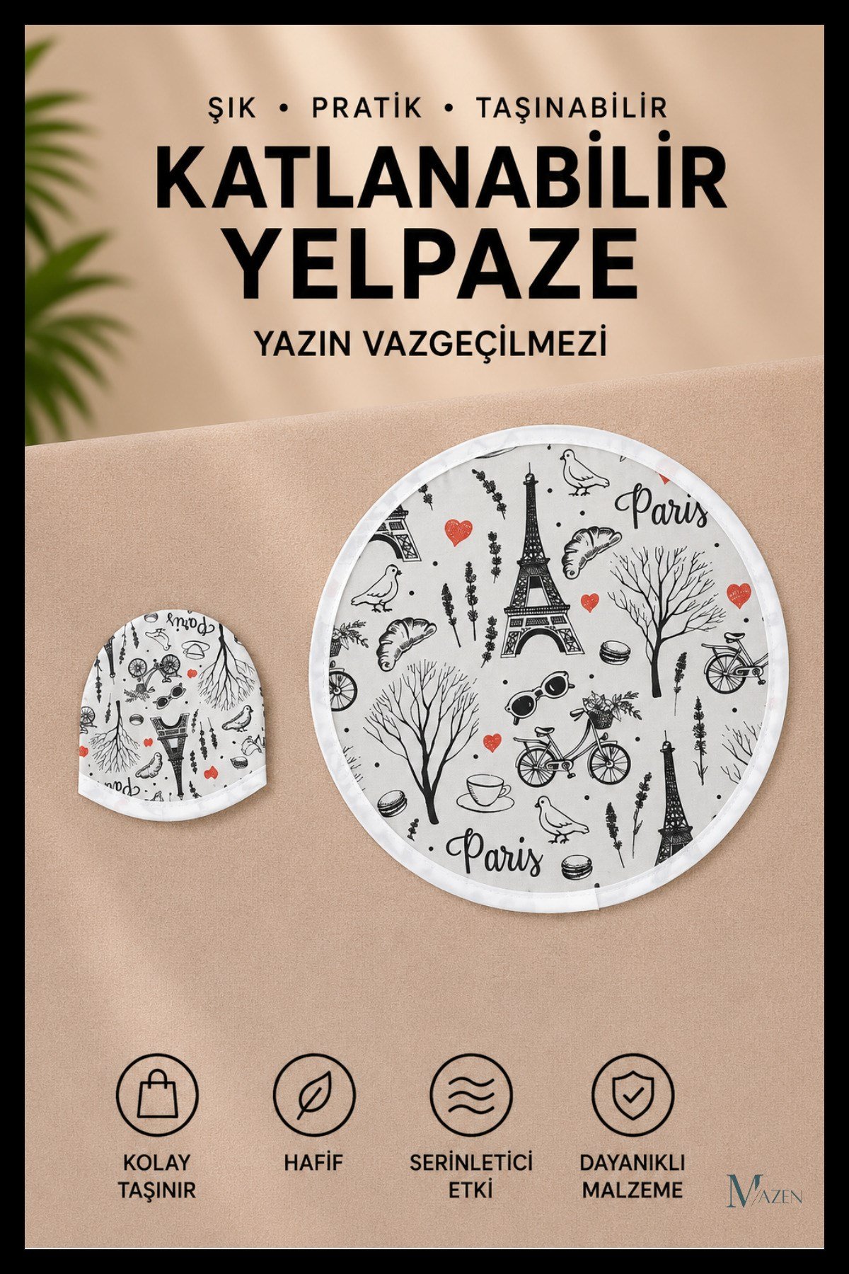 Eyfel Kulesi Desenli Katlanabilir Yuvarlak Yazlık Taşınabilir El Yelpazesi (La tour Eiffel)