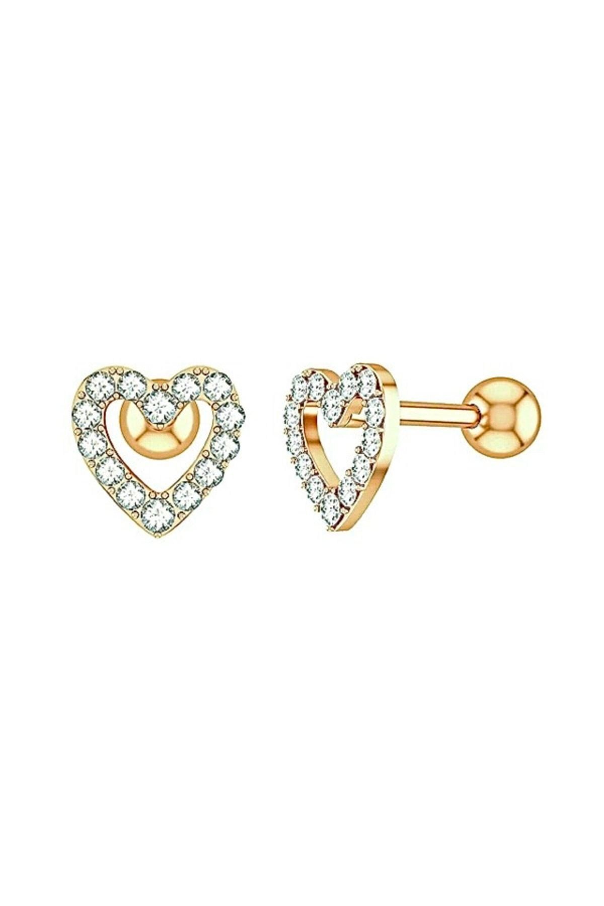 Gold Kalp Tragus Helix Çelik Piercing Kıkırdak Küpesi Zirkon Taşlı 1 Adet