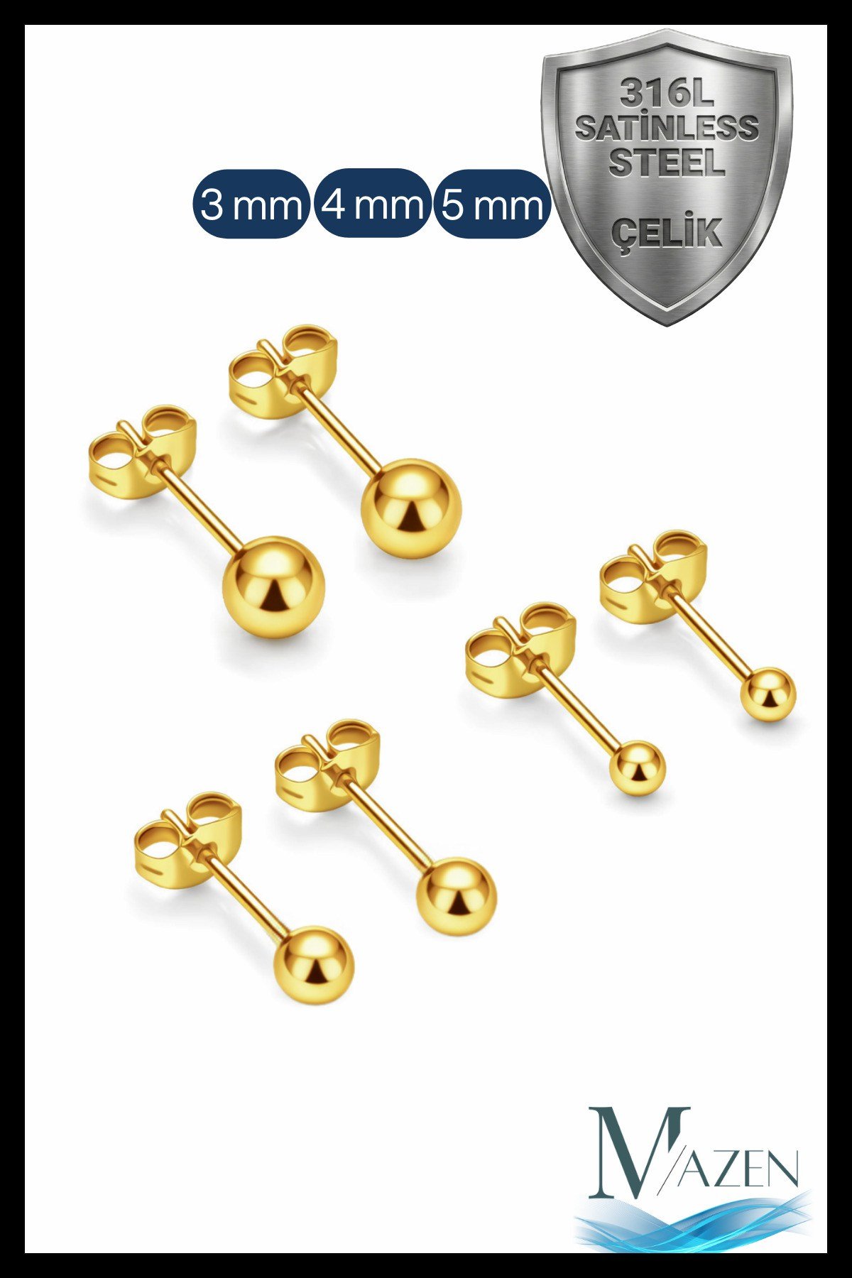 Gold Renk Cerrahi Çelik 316L Kararmaz Toplu  Küpe Özel Seri (3 Çift 3 Farklı Boy)