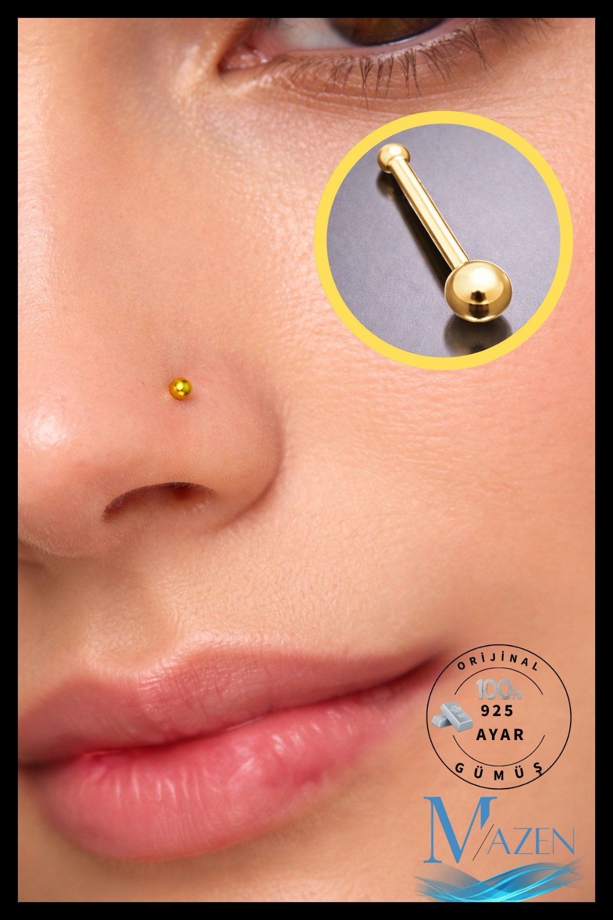 Gold Top Uçlu Hızma Burun Piercing | 925 Ayar Gümüş | Gold Renk | Minimal Takı