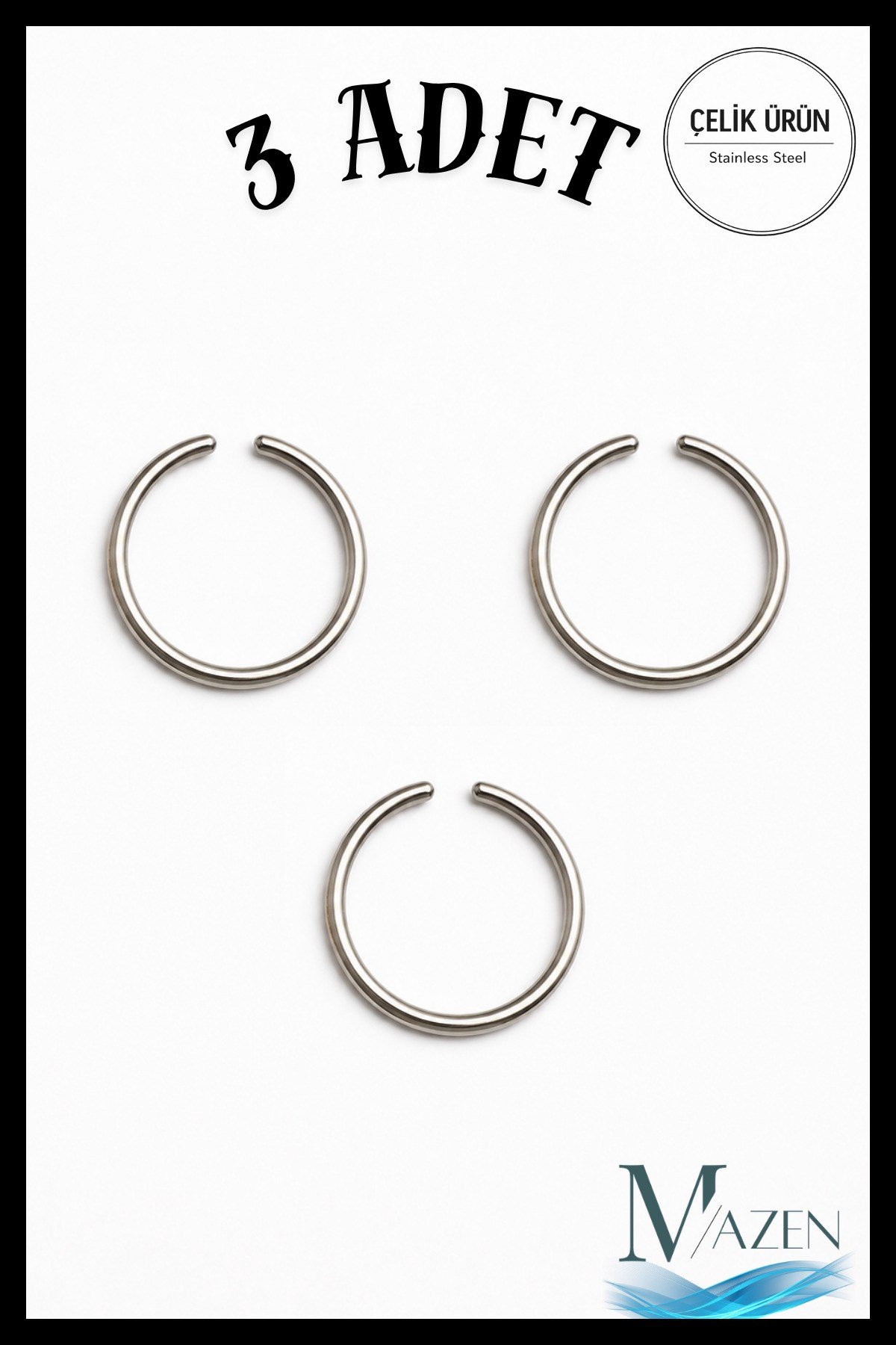Gri Üçlü Halka Hızma | Cerrahi Çelik | İnce Tel | Gümüş Renk Burun Piercing