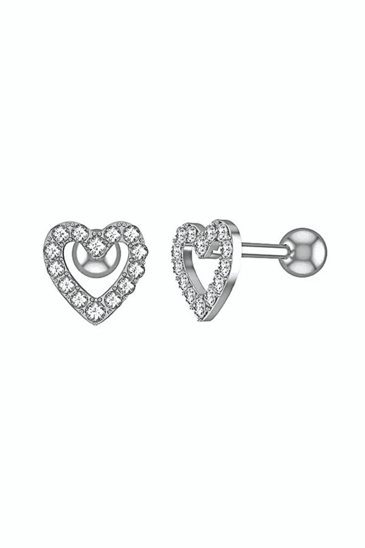 Gümüş Kalp Tragus Helix Çelik Piercing Kıkırdak Küpesi Zirkon Taşlı 1 Adet