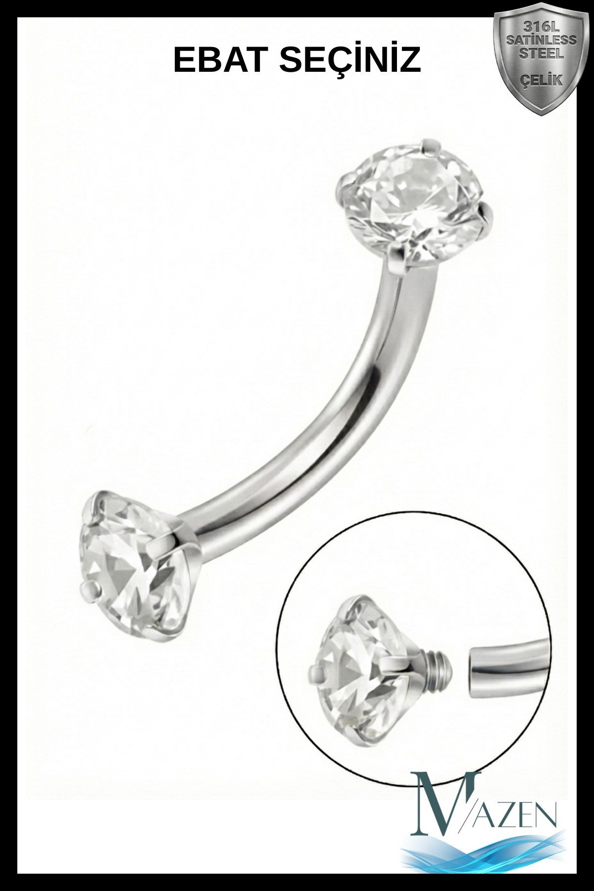 Gümüş Renk Çift Zirkon Taşlı Tırnaklı Kaş Piercingi (Curved Barbell)