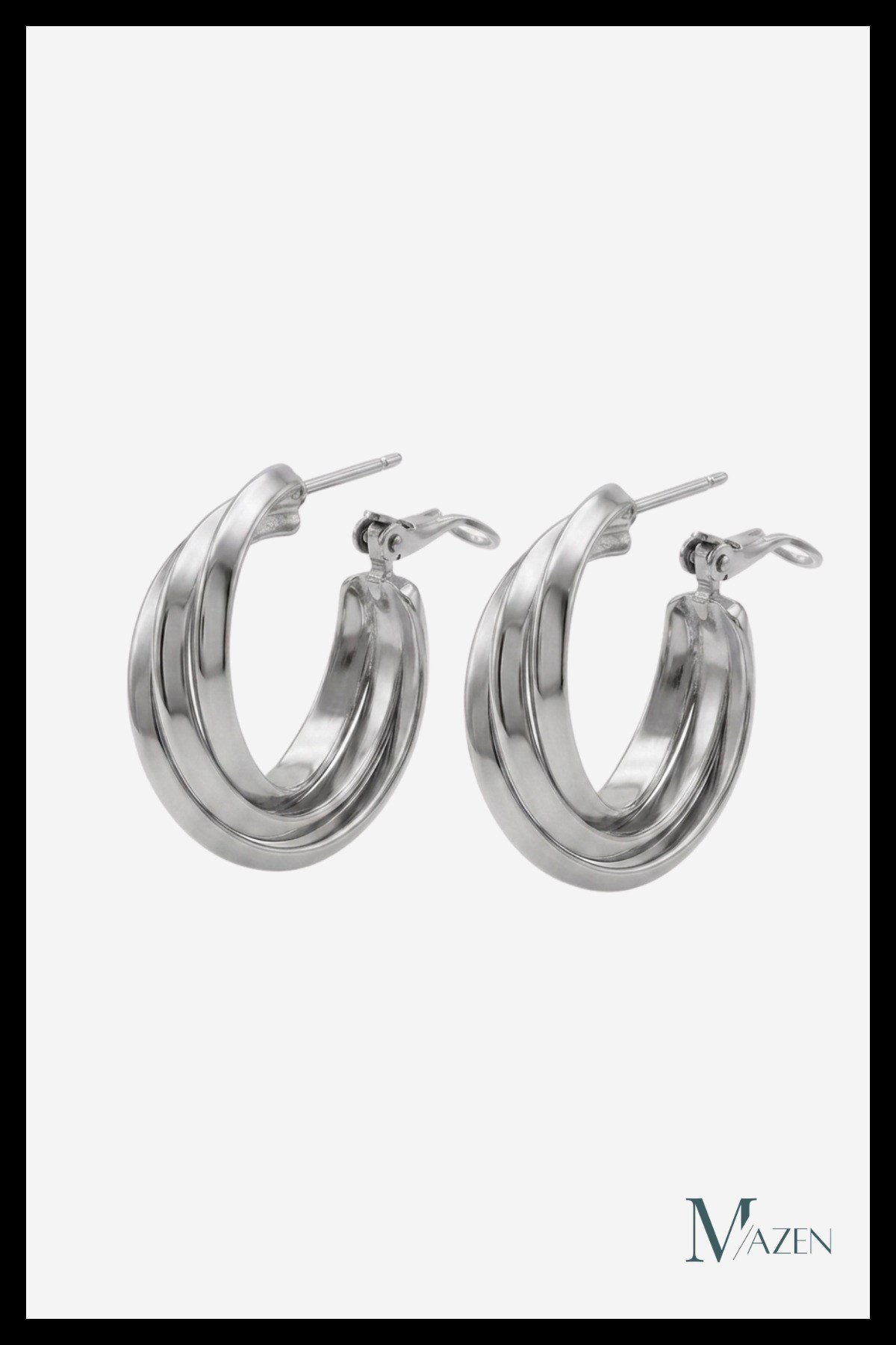 Gümüş Renk Üç Şerit Geçişli Oval Halka Küpe Kalın Metal Kadın Küpe