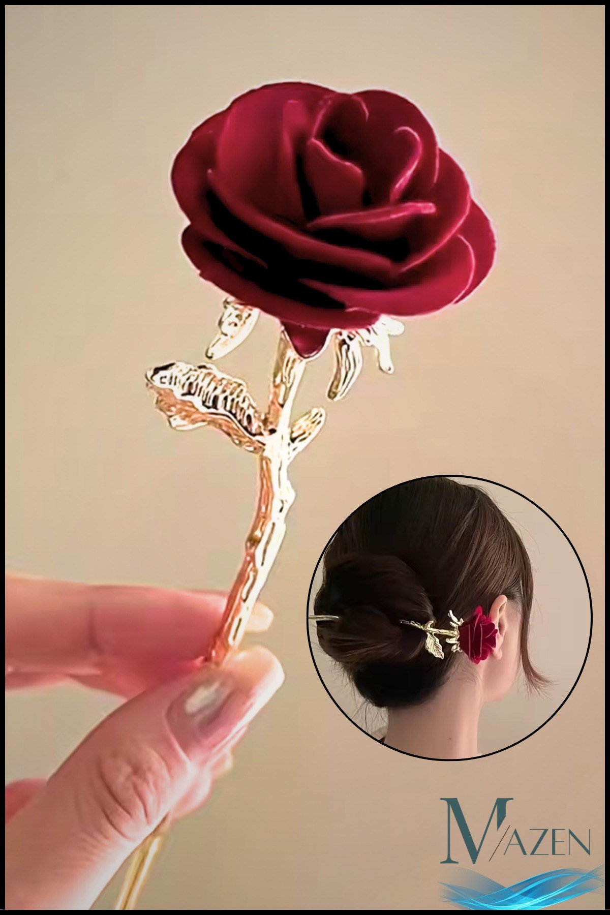 Hair Stick/Pin Japon Stil Metal Gül Figürlü Topuz Tokası | Kanzashi Saç Aksesuarı