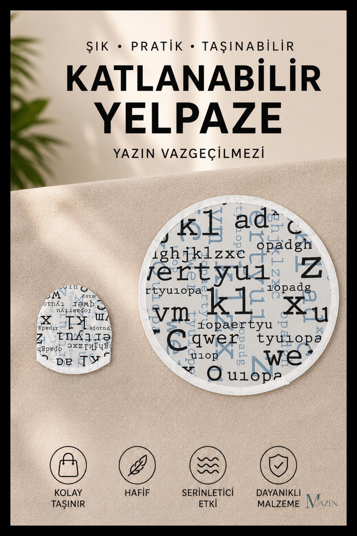Harf Dekor Desenli Katlanabilir Yuvarlak Yazlık Taşınabilir El Yelpazesi