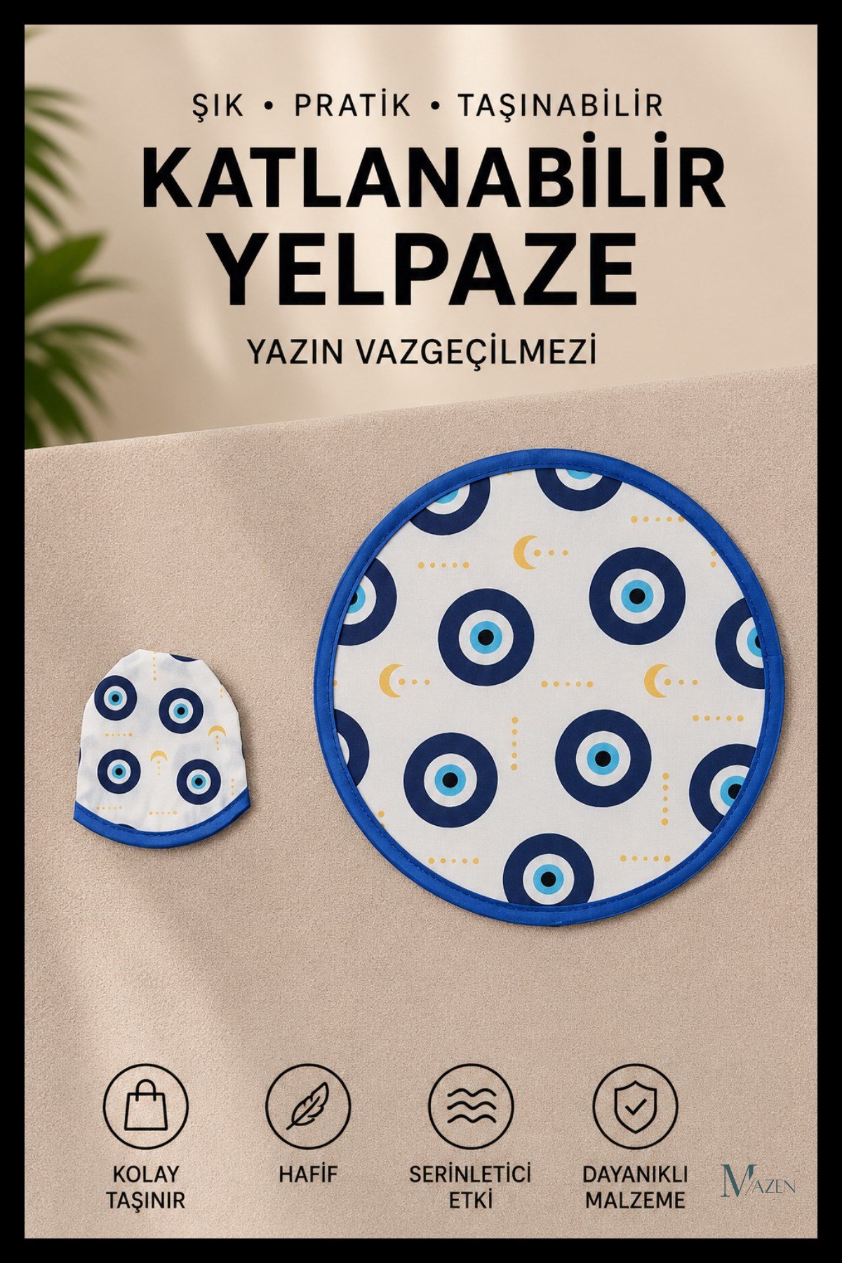 Hilal Nazar Boncuğu Desenli Katlanabilir Yuvarlak Yazlık Taşınabilir El Yelpazesi