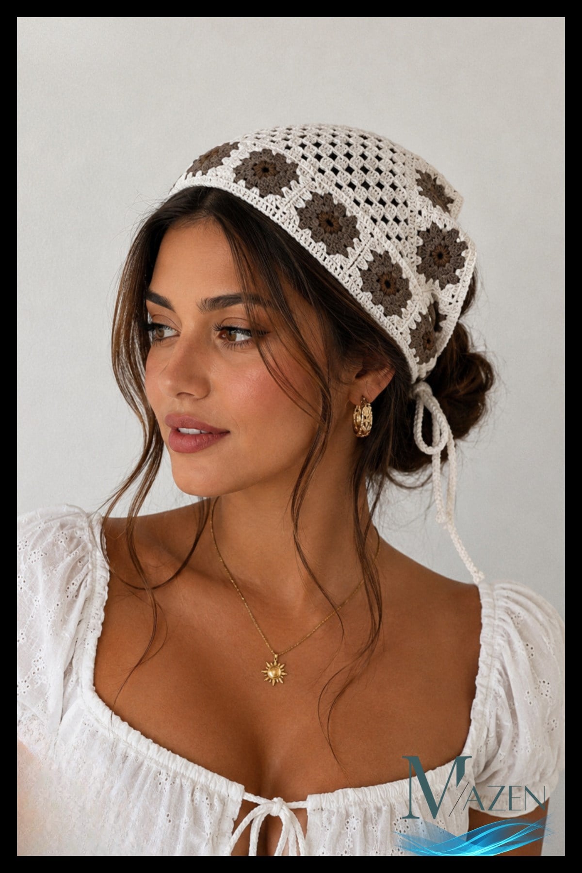 Kahverengi El Örgüsü Papatyalı Bağlamalı Kadın Bandana Bone Bohem Yazlık Saç Aksesuarı