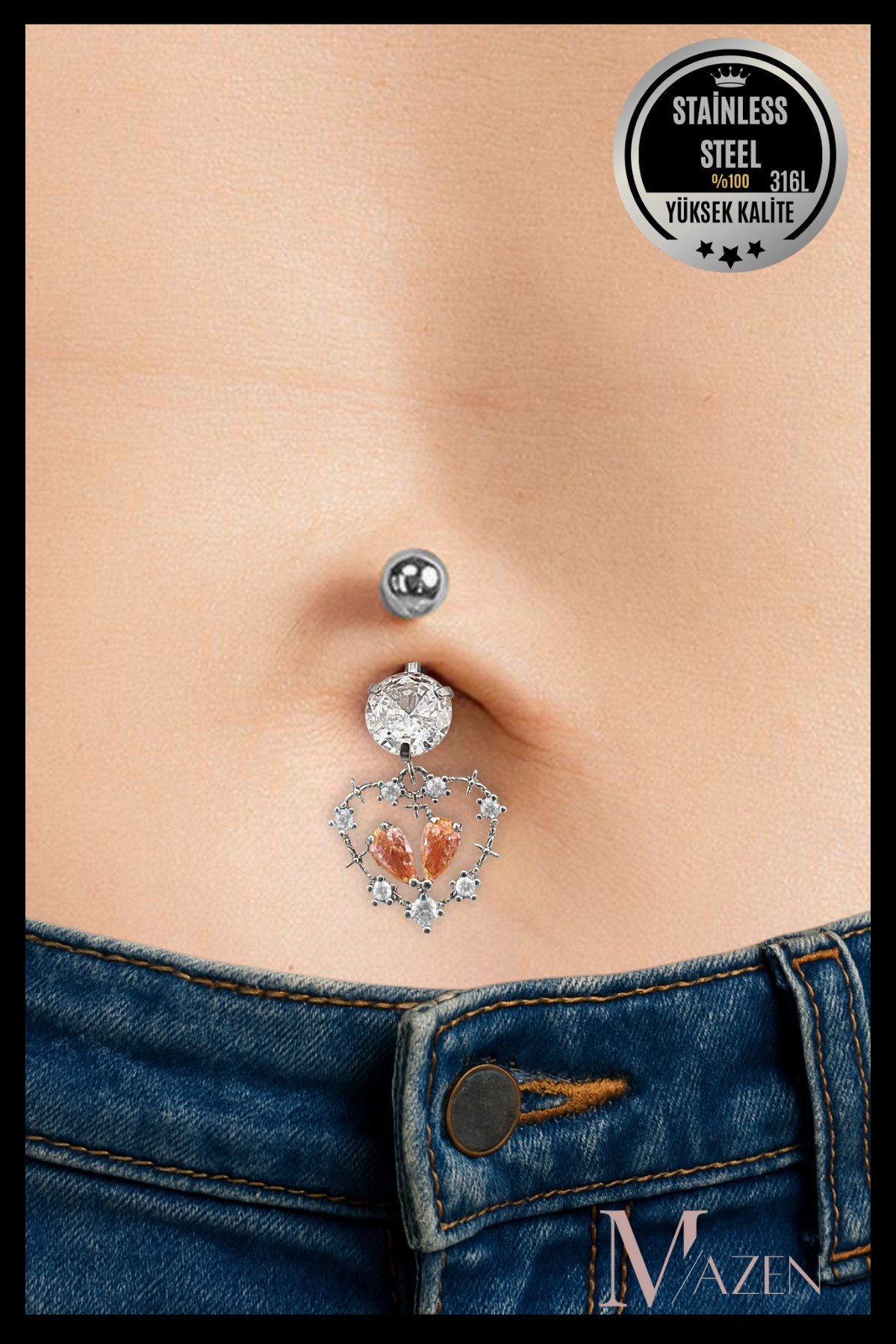 Kalp Model Sallantılı Göbek Piercing | 316L Çelik Kararmaz | Pembe Taşlı Takı Aksesuar | Pirsing