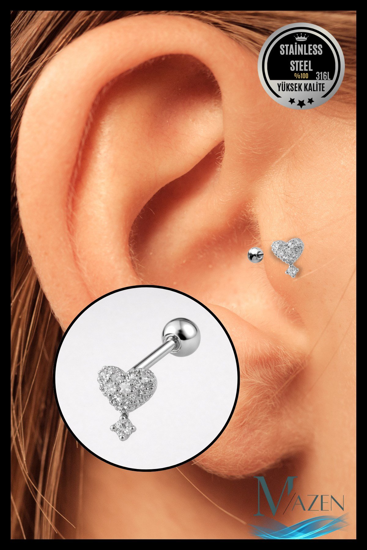 Kalp Model Taşlı Sallantılı Tragus Piercing | Gümüş Renk 316L Çelik | Zarif Kıkırdak Piercing