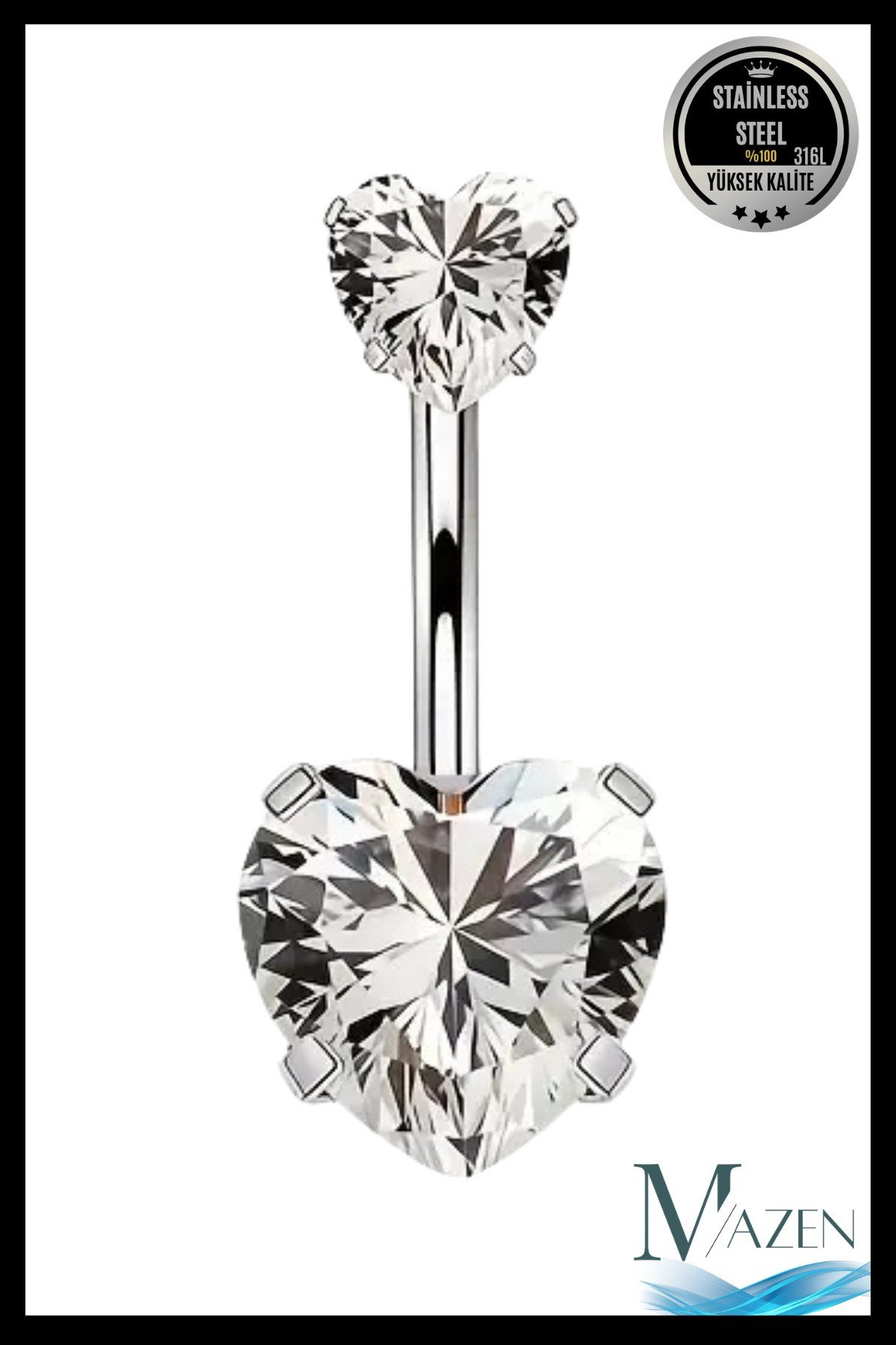 Kalp Zirkon Taşlı Göbek Piercing | 316L Çelik | Kadın Takı Aksesuar | Pirsing
