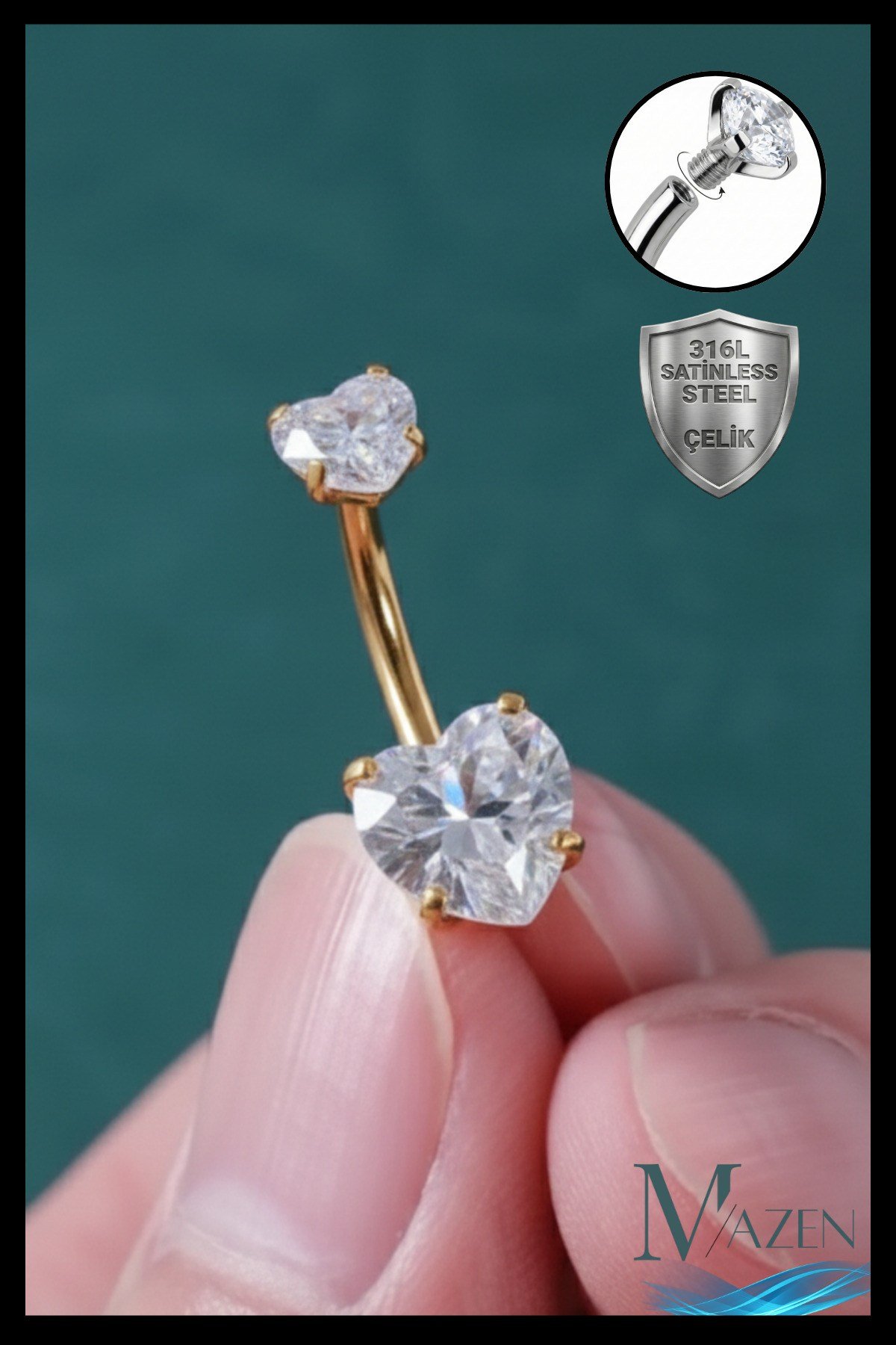 Kalp Zirkon Taşlı Göbek Piercing | 316L Çelik | Gold Bar | Kararmaz Antialerjik
