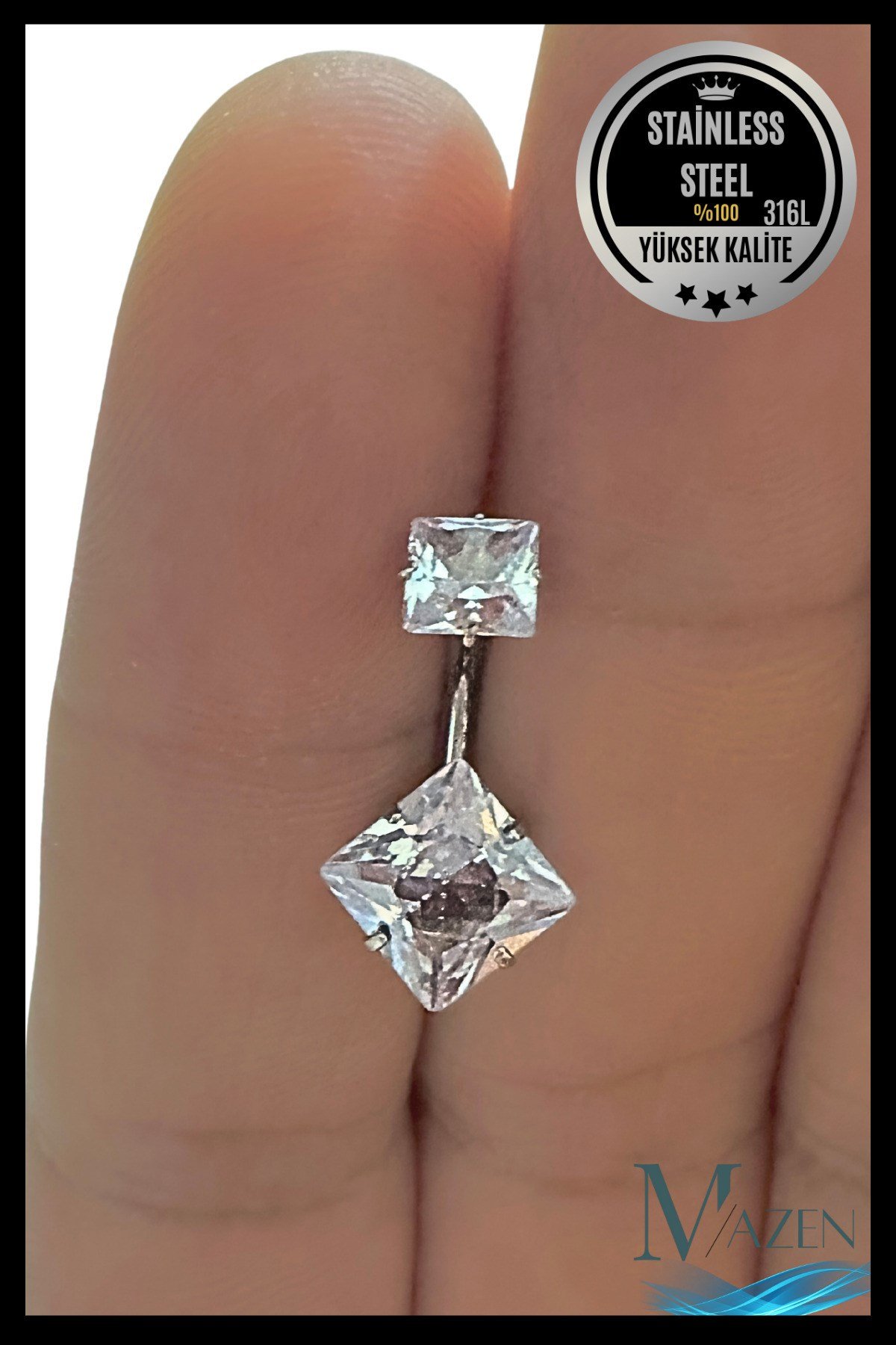 Kare Zirkon Taşlı Göbek Piercing | 316L Çelik | Kadın Takı Aksesuar | Pirsing