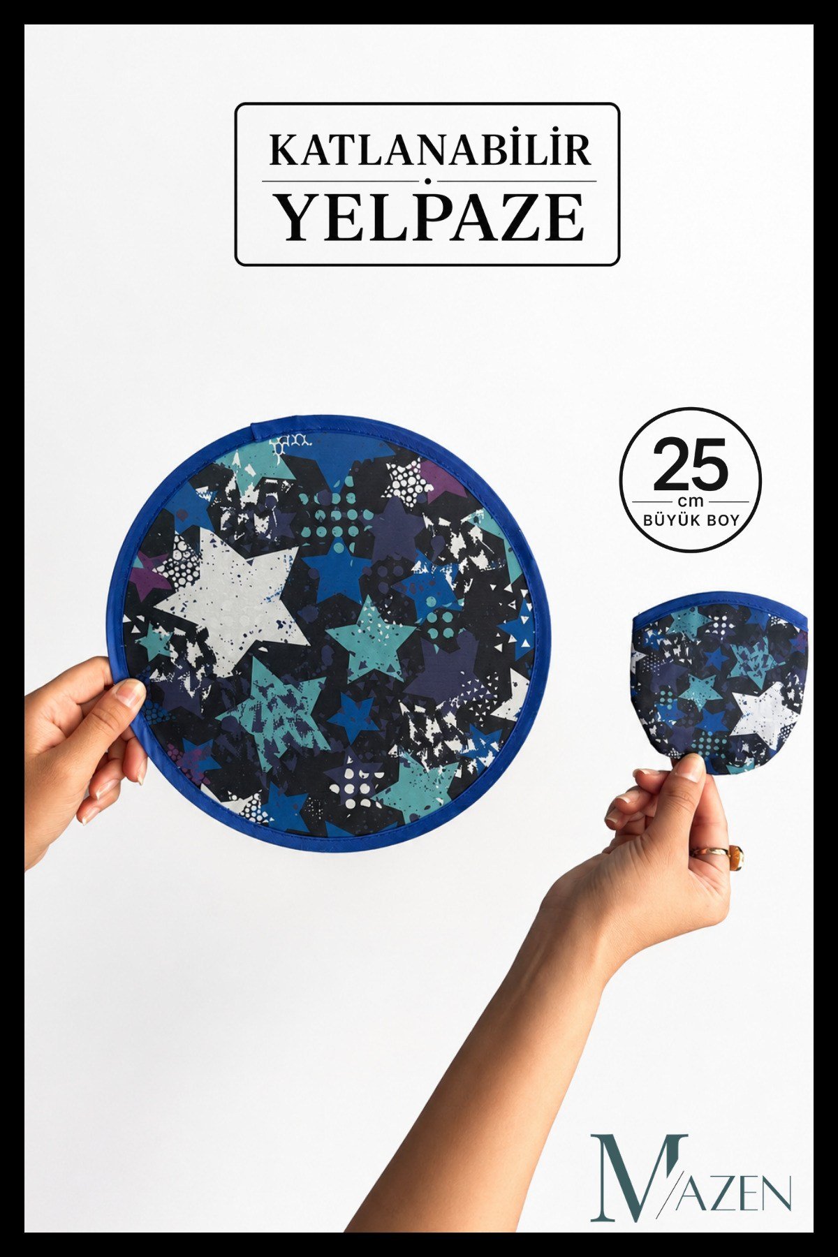 Katlanabilir Yelpaze 25 cm Büyük Boy Kore Yelpazesi Mavi Yıldız Desenli Taşınabilir El Yelpazesi